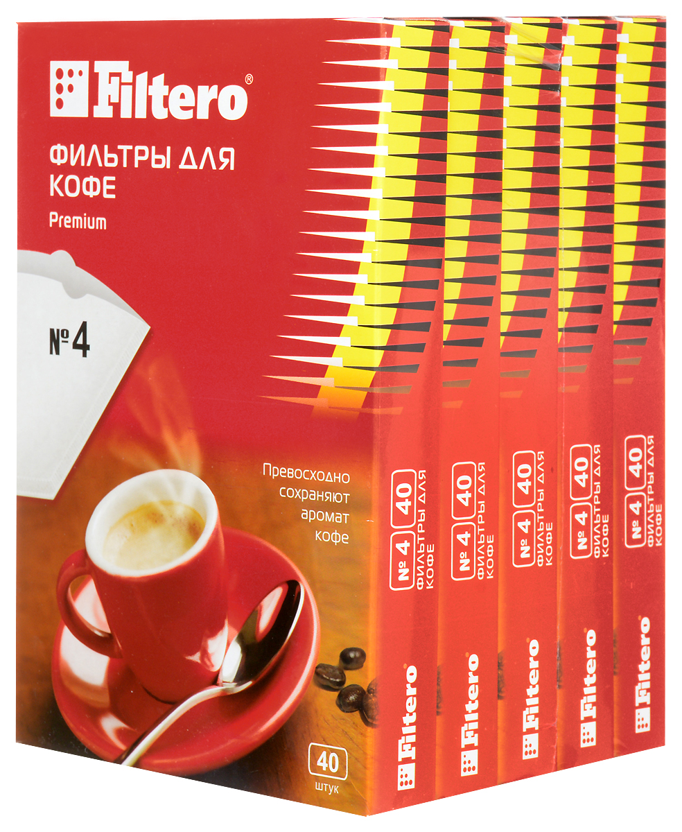 Filtero Premium №4 комплект фильтров для кофеварок, 200 шт4/200 Filtero Premium №4 комплект фильтров для кофеварок, 200 шт4/200Бумажные одноразовые фильтры Filtero Premium №4 предназначены для кофеварок капельного типа на 10-12 чашек. Превосходно сохраняют аромат и оригинальный вкус кофе. Фильтры высочайшего качества, абсолютно белые, выполнены по всем стандартам.