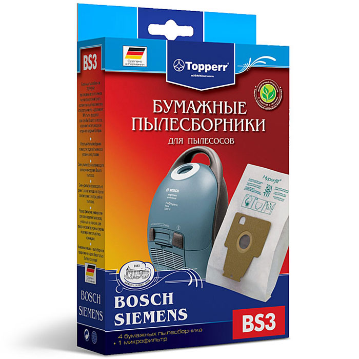 Topperr BS 3 фильтр для пылесосов Bosch, Siemens, 4 шт1002 Topperr BS 3 фильтр для пылесосов Bosch, Siemens, 4 шт1002Бумажные пылесборники Topperr BS 3 для пылесосов Bosch и Siemens изготовлены из экологически чистой трехслойной бумаги, соответствующей европейскому стандарту качества, задерживают 99% пыли, продлевая срок службы пылесоса, сохраняют чистоту воздуха и устраняют вредные бактерии.Модели и серии пылесосов:Bosch: Ergomaxx professional BSG 8; HomeProfessional BSG8PROSiemens: Dynapower VS 08G, Compressor technology VS 08 GP