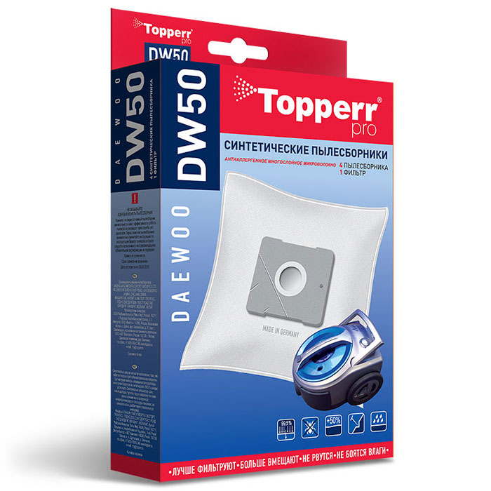 Topperr DW50 фильтр для пылесосов Daewoo, 4 шт1403 Topperr DW50 фильтр для пылесосов Daewoo, 4 шт1403Синтетические пылесборники Topperr DW50 подходят для пылесосов Daewoo произведены из нетканого фильтрующего материала. Данный материал не боится повышенной влажности и обладает большой прочностью, главное качество – способность задерживать 99,5% пыли. Регулярное использование синтетических мешков-пылесборников гарантирует не только очищение воздуха от пыли и аллергенных микроорганизмов, но и чистоту внутренних поверхностей пылесоса.Модели и серии пылесосов:Daewoo: RC-8200, RC-8500 S, RC-8600, RC-2006, RC-2500, RC-6016, RC 1504, RC 1650, RC 3504, RC-5001, RC-5002, RC-6001, RC-6002, RCP-1000, RC 103, RC 105, RC 106, RC 107, RC 108, RC 109, RC 110, RC 160, RC 161, RC 170, RC 171, RC 172, RC 173, RC 190, RC 191, RC 192, RC 193, RC 202, RC 205, RC 208, RC 209, RC 210, RC 405, RC 406, RC 407, RC 450, RC 505, RC 550, RC 605, RC 606, RC 607, RC 608, RC 609, RC 705, RC 707, RC 7006, VC 6714, VC 7114, Compakt, Koala.