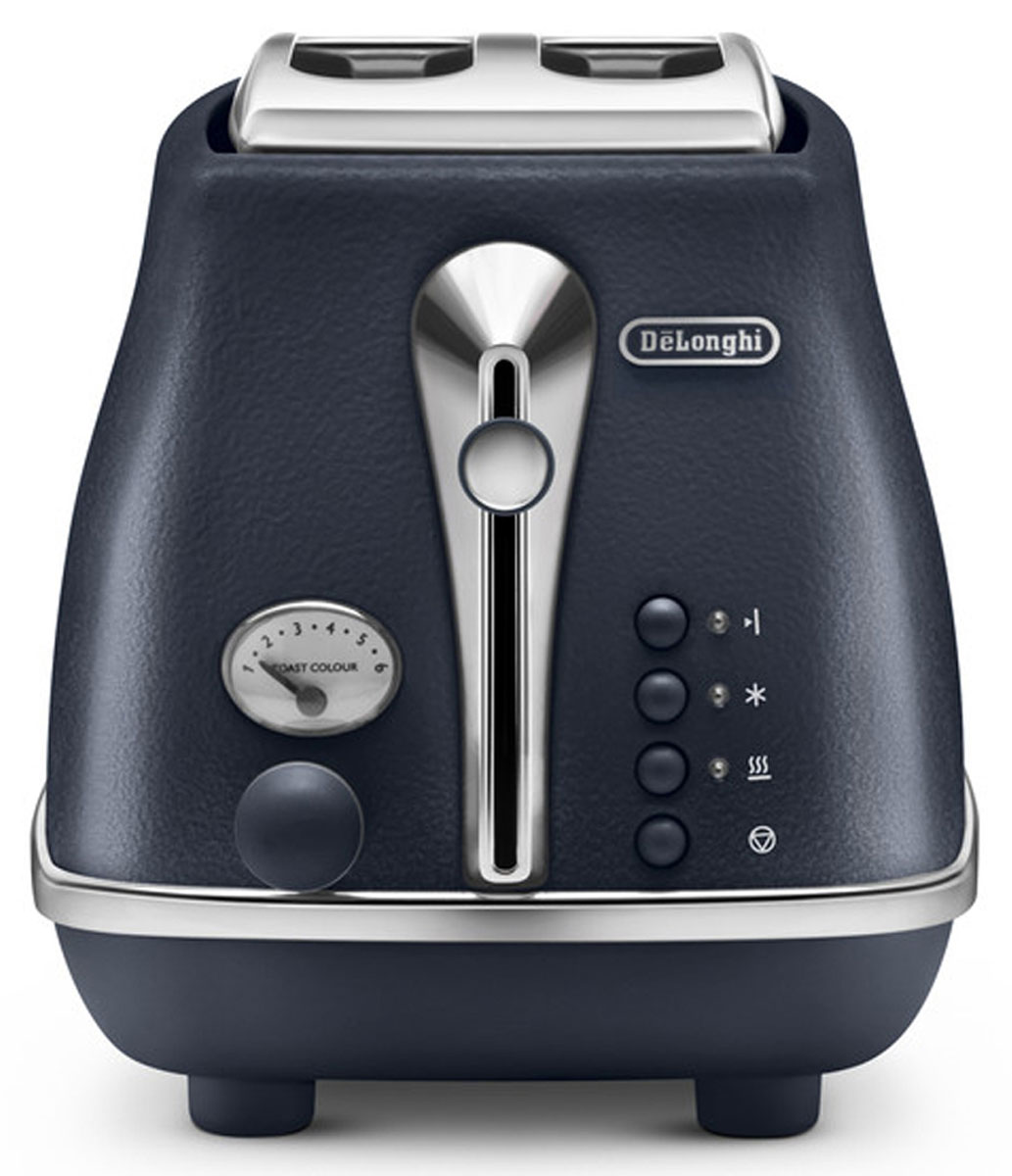 DeLonghi Icona Elements CTOE2103.BL, Blue тостер0230120024 DeLonghi Icona Elements CTOE2103.BL, Blue тостер0230120024Корпус придает внешнему виду тостера DeLonghi CTOE2103 строгость и в то же время особый шик. Хромированная отделка смотрится оригинально и гармонично. Кнопки управления имеют неоновую подсветку, так что в темное время суток вы без проблем сможете им управлять. Тостер выполнен в классическом стиле, который придется по душе людям с изысканным вкусом.Тостер DeLonghi CTOE2103 делает хрустящие гренки благодаря инфракрасному излучению от спиралей, находящихся внутри корпуса. Прибор работает на мощности 900 Вт, что делает его работу быстрой и результативной. Горячие тосты будут готовы всего за несколько минут. С первого взгляда может показаться, что тостер – это простое устройство лишь для поджаривания ломтиков хлеба. Но это не так! Функциональные возможности прибора намного шире. Функция подогрева пригодится вам для остывших тостов. Функция размораживания – для хлеба из морозильной камеры. Функция односторонний подогрев дает возможность и разогреть уже готовые хлебцы, и сделать поджаривание тоста лишь с одной стороны. Функция отмены позволяет закончить работу тостера в любой момент, когда вы посчитаете нужным. Цена тостера довольно приемлема, учитывая, что вы приобретаете устройство, в котором так много различных дополнительных возможностей.Вы можете оценить выбор степени прожарки тостов из шести вариантов. Слегка подрумяненный или максимально прожаренный хлеб – вы можете выбрать степень нагрева легким поворотом ручки управления. Благодаря этой функциональной особенность решается вопрос разных вкусовых предпочтений. Ведь теперь каждый член вашей семьи может приготовить тост по своему вкусу.