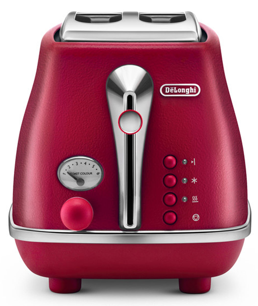 DeLonghi Icona Elements CTOE2103.R, Red тостер0230120026 DeLonghi Icona Elements CTOE2103.R, Red тостер0230120026Корпус придает внешнему виду тостера DeLonghi CTOE2103 строгость и в то же время особый шик. Хромированная отделка смотрится оригинально и гармонично. Кнопки управления имеют неоновую подсветку, так что в темное время суток вы без проблем сможете им управлять. Тостер выполнен в классическом стиле, который придется по душе людям с изысканным вкусом.Тостер DeLonghi CTOE2103 делает хрустящие гренки благодаря инфракрасному излучению от спиралей, находящихся внутри корпуса. Прибор работает на мощности 900 Вт, что делает его работу быстрой и hезультативной. Горячие тосты будут готовы всего за несколько минут. С первого взгляда может показаться, что тостер - это простое устройство лишь для поджаривания ломтиков хлеба. Но это не так! Функциональные возможности прибора намного шире. Функция подогрева пригодится вам для остывших тостов. Функция размораживания - для хлеба из морозильной камеры. Функция односторонний подогрев дает возможность и разогреть уже готовые хлебцы, и сделать поджаривание тоста лишь с одной стороны. Функция отмены позволяет закончить работу тостера в любой момент, когда вы посчитаете нужным. Цена тостера довольно приемлема, учитывая, что вы приобретаете устройство, в котором так много различных дополнительных возможностей.Вы можете оценить выбор степени прожарки тостов из шести вариантов. Слегка подрумяненный или максимально прожаренный хлеб - вы можете выбрать степень нагрева легким поворотом ручки управления. Благодаря этой функциональной особенность решается вопрос разных вкусовых предпочтений. Ведь теперь каждый член вашей семьи может приготовить тост по своему вкусу.