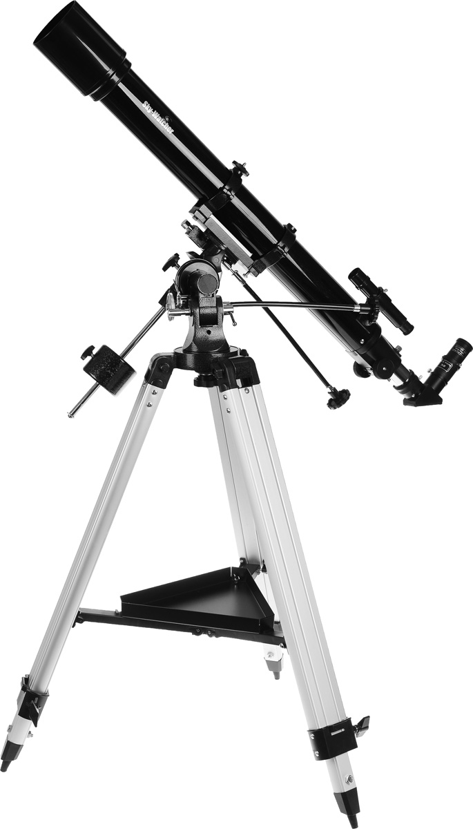 Sky-Watcher BK 709EQ2 телескопBK 709EQ2 Sky-Watcher BK 709EQ2 телескопBK 709EQ2Ахроматический рефрактор Sky-Watcher BK 709EQ2 прекрасно подойдет для изучения Луны и планет Солнечной системы. Благодаря просветленной оптике картинка получается яркой и четкой по всему полю зрения. Эта модель отличается удобной конструкцией и прочной сборкой. Экваториальная монтировка EQ2 обеспечивает точное гидирование.Диаметр объектива составляет 70 мм - этого достаточно, чтобы увидеть фазы Венеры, лунные кратеры размером до 8 км, пояса Юпитера, кольца Сатурна и многое другое. На оптические поверхности нанесено многослойное просветляющее покрытие. Телескоп дает качественное изображение с высокой детализацией. Хроматические аберрации сведены к минимуму.Для настройки резкости используется реечный фокусер. В комплект входят окуляры 25 мм и 10 мм. Первый подходит для обзорных наблюдений, а второй позволяет рассмотреть выбранный объект с высоким увеличением.Экваториальная монтировка EQ2 несколько сложнее, чем азимутальные монтировки, однако при определенном навыке управление не вызовет у пользователя особых трудностей. Монтировка позволяет точно компенсировать суточное движение небесных тел, благодаря чему объект будет постоянно оставаться в поле зрения. Для максимально ровного перемещения оптической трубы монтировка снабжена механизмами тонких движений по обеим осям. На ось прямого восхождения можно установить моторный привод (в комплект не входит).Алюминиевая тренога снабжена удобным лотком для аксессуаров. Высотка ножек треноги регулируется.