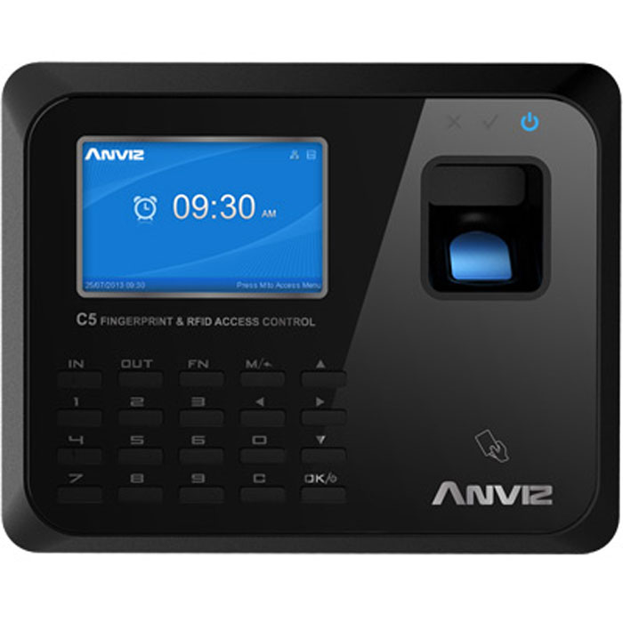IVUE Anviz С5 сетевой терминал учета рабочего времениC5 IVUE Anviz С5 сетевой терминал учета рабочего времениC5Терминал имеет тонкий изысканный дизайн, сканер отпечатков пальцев нового поколения обеспечивает быстрое распознавание сотрудников, а герметичный водо- и пыленепроницаемый корпус обеспечивает стабильную работу устройства. Сканирование отпечатка проходит менее чем за 0,5 секунды. Встроенный веб-сервер позволяет зайти на терминал из любой точки мира и следить за передачей данных в реальном времени с помощью удобного интерфейса на русском языке. Русскоязычные голосовые подсказки. Поддержка протоколов TCP/IP, DHCP и DNS. Дополнительный встроенный RFID, Mifare или HID считыватель Методы распознавания сотрудников по отпечаткам пальцев, паролю и картам. Так же можно задать каждому сотруднику уникальный 12-значный ID. Возможность запрограммировать 16 различных статусов посещения.Способы подключения: TCP/IP, USB Host, USB, RS232, RS485Считыватель карт: 125 КГц EM RFID, Optional 13.56 МГц MifareИмя на дисплееФото на дисплееОтпечаток пальца на дисплееСтатус: 16 программируемых статусов посещенияАвтоматические статусыРабочие коды: 6 - значныеТемпература: -20° - 65°Короткие сообщения: 50Короткие сообщения: 50Встроенный WEB-серверПрямое управление замком для открытия двериВысокоскоростной алгоритм считывания отпечатков BioNANOГерметичный, водо-и пыле непроницаемый датчик AFOS307Сканирование отпечатков пальцев менее чем 0,5 секундыЗвуковые подсказки на русском языкеМетоды идентификации: пароль, отпечаток, картыНастраиваемые статусы посещения, автосмена статуса