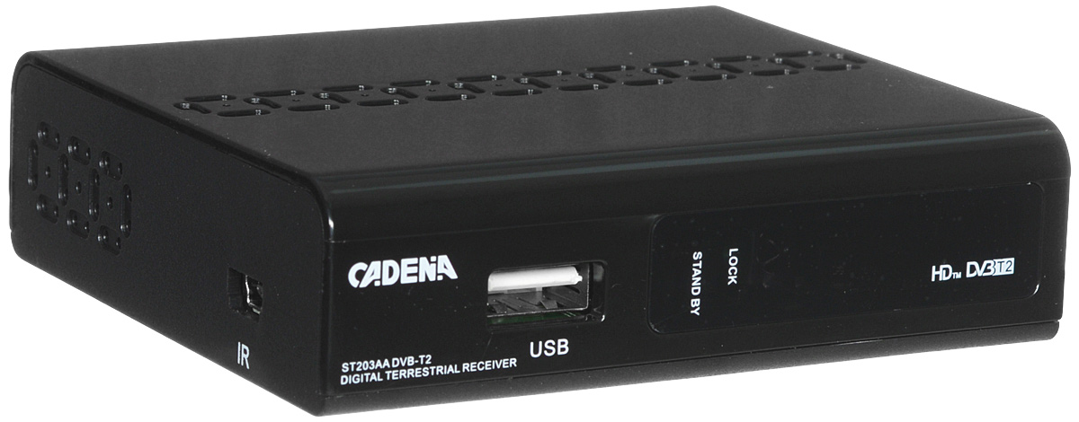 Cadena ST-203AA DVB-T2 ТВ-тюнерCadenaST-203AA Cadena ST-203AA DVB-T2 ТВ-тюнерCadenaST-203AAПриемник Cadena ST-203AA DVB-T2 предназначен для просмотра бесплатного цифрового эфирного телевидения высокого качества, формата DVB-T2. Высокочувствительный тюнер обеспечивает стабильное качество принимаемого сигнала. При подключении внешнего USB устройства можно записывать транслируемые телевизионные каналы, а так же воспроизводить мультимедийные файлы и изображения на телевизор. Приемник Cadena ST-203AA DVB-T2 имеет HDMI выход, при помощи которого можно выводить на телевизор изображение в формате высокой четкости Full HD 1080p, также выполнить подключение к телевизору можно и при помощи аналогового RCA выхода. Поддержка субтитров, телетекста, электронной программы передач (EPG). Различные настройки меню позволяют выбрать режимы работы приемника на любой вкус. Реализована возможность резервного копирования ПО и настроек.СистемаПроцессор: Novatek NT78306EFlash-память: SPI FLASH 32MBОперативная память: 512Mbit (800 МГц) ДекодерВидеодекодер: H.264 MP и HP / MPEG-2 MP@ML and MP@HL / MPEG-4 P2 ASP / H.263 P3 / Sorenson Spark / Motion JPEG baselineАудио декодер: MPEG-1 layer 1/2/3 / MPEG-2 layer 1/2 / MPEG-4 HE-AAC v1/2 / Embedded 2-CH ADAC / Down mix to 2-CHФормат экрана: 4:3/16:9 (LetterBox/Pan&Scan/Full Screen)Разрешение видео: 480p/576i/720p/1080i/1080p ТюнерТип: Демодулятор: NT78820LL, тюнер: MXL608Стандарт: ETSI EN 302755, DVB-T2v1.1.1,v1.2.1, and v1.3.1 base profile compliant , ISO/IEC 13818RF вход: IEC мама 75RF выход: IEC папа 75Модуляция: QPSK,16QAM,64QAM,256QAMЧувствительность DVB-T2 (мин. мощность входного сигнала) не хуже: -83,5 дБмВт при 64-QAM FEC=2/3; -82 дБмВт при 64-QAM FEC=3/4;Диапазон частот: МВ 174-254 МГц, ДМВ 474-858 МГц Скорость транспортного потока: до 50 Мбит/секКоличество PID независимых фильтров: 16Тип несущих: 1/4, 1/8, 1/16, 1/32, 1/128, 1/256, 19/128, 19/256Ширина полосы потока: 6 МГц / 7МГц / 8 МГц MPLP