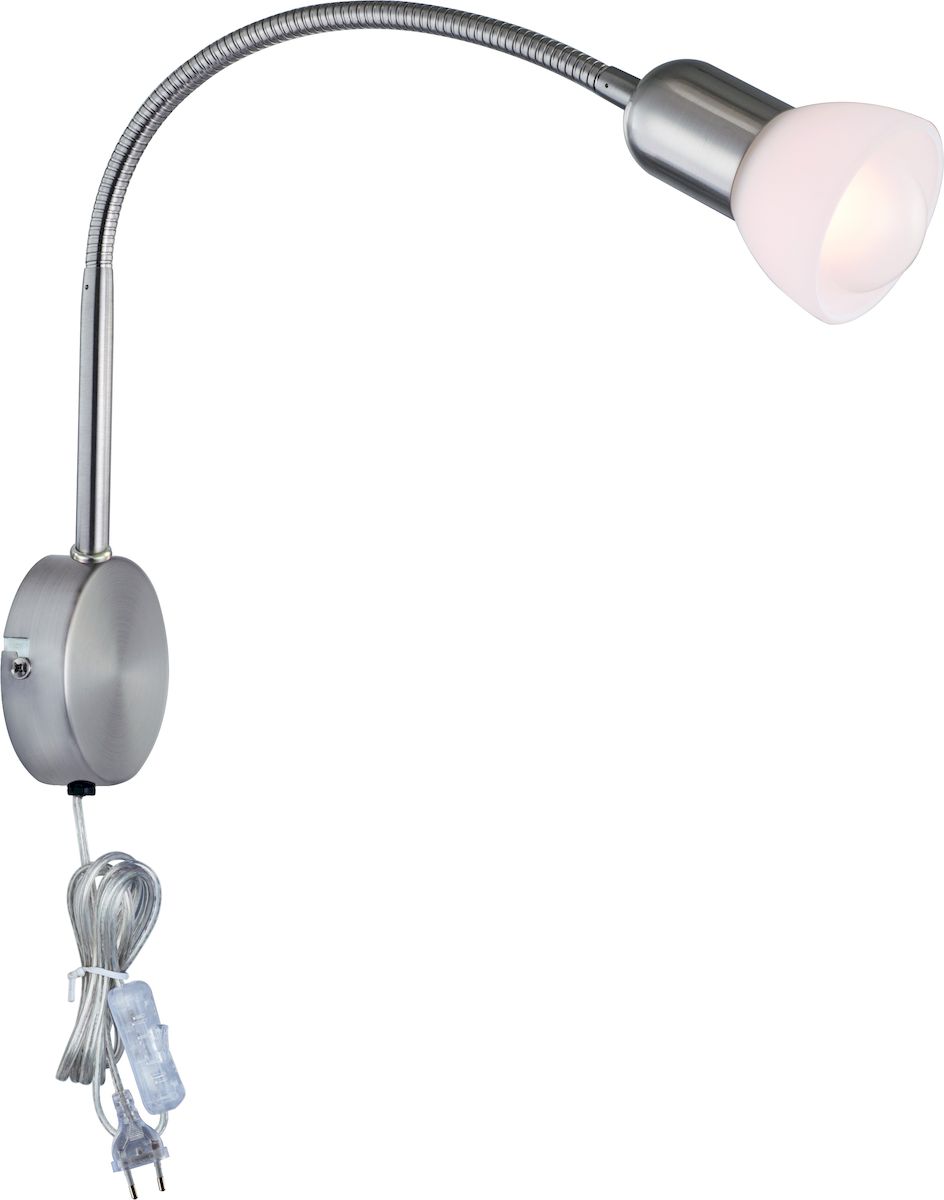Светильник настенный Arte Lamp Falena. A3116AP-1SSA3116AP-1SS Светильник настенный Arte Lamp Falena. A3116AP-1SSA3116AP-1SSСветильник Arte Lamp Falena поможет создать в вашем доме атмосферу уюта и комфорта. Благодаря высококачественным материалам он практичен в использовании и отлично работает на протяжении долгого периода времени. Цоколь Е14, 1 шт, 40 Ватт. Диаметр основания 8 см.Удаление от стены: максимальное 54 см.Крепление: основание шурупами.Гнущаяся ножка.
