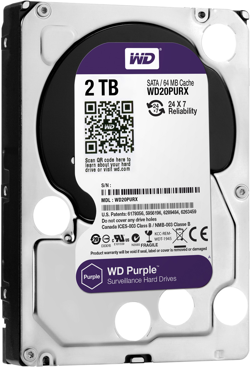 WD Purple 2TB внутренний жесткий диск (WD20PURX)WD20PURX WD Purple 2TB внутренний жесткий диск (WD20PURX)WD20PURXЖесткие диски WD Purple специально разработаны для круглосуточной эксплуатации в системах видео наблюдения высокой четкости. Диски WD Purple поддерживают использование до восьми жестких дисков и до 32 камер, то есть они действительно оптимизированы для видеонаблюдения. В накопителях для жестких дисков WD Purple также реализована уникальная технология WD AIIFrame, благодаря которой вы можете уверенно создать систему обеспечения безопасности, полностью соответствующую потребностям вашего бизнеса. Благодаря технологии AIIFrame диски WD Purple улучшают потоковую передачу АТА для сокращения количества ошибок, вызывающих распад изображения и перебои в записи, которые могут возникать в системах видеонаблюдения.WD - мировой лидер в производстве жестких дисков. Жесткие диски WD Purple специально разработаны для круглосуточной работы при высоких температурах в системах круглосуточного видеонаблюдения, так что они обеспечивают надежное и качественное воспроизведение видео в самый нужный момент. Независимо от того, нужно ли вам защитить жизнь своих любимых людей или контролировать свое предприятие WD Purple обеспечивают производительность, которой вы можете доверять.Жесткие диски WD Purple производятся с учетом необходимости обеспечить их совместимость с другим оборудованием, так что вы сможете быстро и просто расширять емкость своей системы видеонаблюдения. Благодаря поддержке большого количества лучших в отрасли корпусов и микросхем, вы обязательно найдете ту конфигурацию цифрового видеорегистратора, которая станет идеальной для вас.