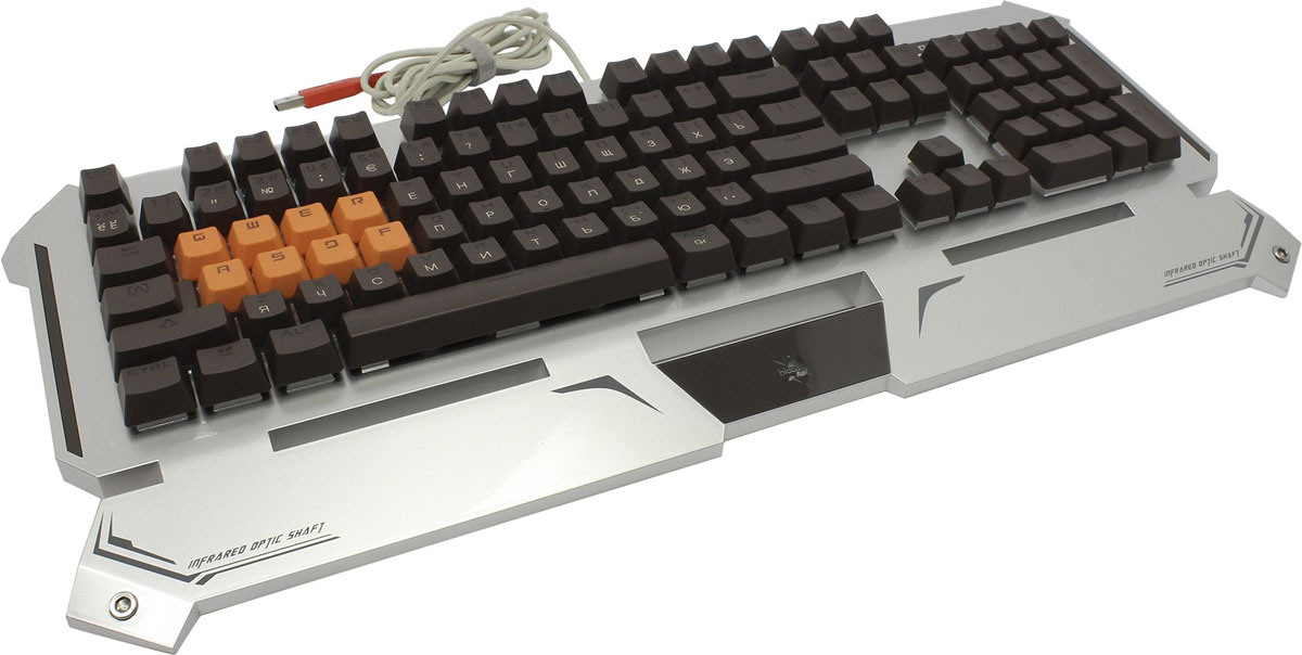 Игровая клавиатура A4Tech Bloody B740A, Silver Black300809 Игровая клавиатура A4Tech Bloody B740A, Silver Black300809Игровая клавиатура A4Tech Bloody B740A с оптическими переключателями идеально подойдет для современных геймеров.Инновационная технология Light Strike использует оптические переключатели, обеспечивающие непревзойденное время отклика до 0.2 мс! При этом отсутствует громкий металлический звук при нажатии.Данная модель имеет ресурс 100 млн. нажатий, а также эффективную защиту от пыли и влаги. Оптические переключатели защищены 6 мм барьером, чтобы предотвратить попадание жидкости.Усиленный пробелДвойные винты + двойные пружины + компенсирующая планка предназначены для большей прочности. Благодаря технологии Dual-color injection клавиши никогда не сотрутся. Нескользящие резиновые ножки предотвращают вибрацию и скольжение клавиатуры во время игры.Игровой режим Gaming ModeНажатие Fn + F8 деактивирует кнопки Windows для предотвращения случайного вылета из игровой сессии.Парящие клавиши с эргономичным расположением подарят чувство комфорта при взаимодействии.Нескользящие резиновые ножки предотвращают вибрацию и скольжение клавиатуры во время игры.