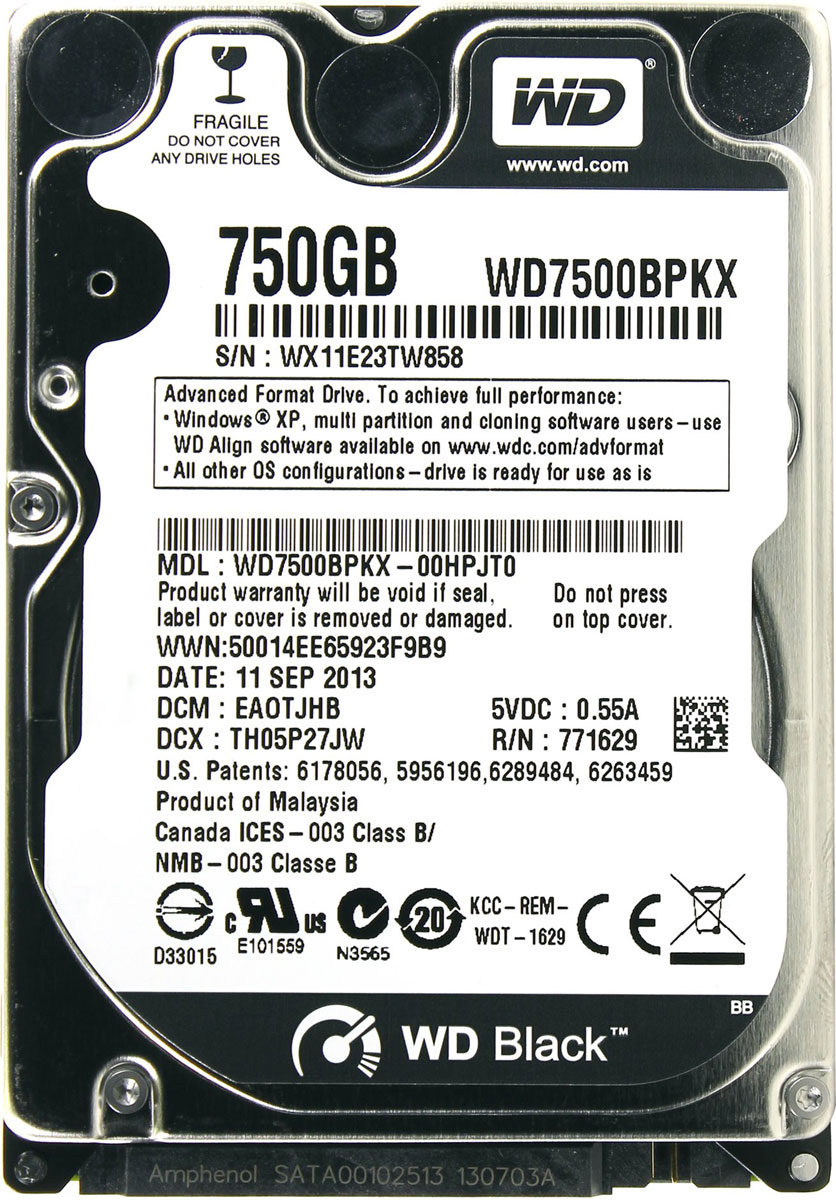 WD Scorpio Black 750GB внутренний жесткий диск (WD7500BPKX)WD7500BPKX WD Scorpio Black 750GB внутренний жесткий диск (WD7500BPKX)WD7500BPKXWD Scorpio Black - внутренний жесткий диск для ноутбуков.Специальные разработки, повышающие быстродействие, обеспечивают скорость, которая вам нужна для таких требовательных задач, как редактирование фото и видео или сетевые игры. Благодаря высокому быстродействию, большой емкости, высокой надежности и применению самых современных технологий модель WD Black — оптимальный выбор для тех, кто требует только самого лучшего. Жесткие диски WD Black имеют скорость вращения 7200 об/мин, 16 МБ кэш-памяти и интерфейс SATA со скоростью передачи данных 6 Гб/с, что позволяет им демонстрировать максимальную скорость работы в сложных задачах для ноутбуков.Технология парковки головок NoTouchЗаписывающая головка ни при каких обстоятельствах не соприкасается с поверхностью диска, что способствует значительному уменьшению износа головок и дисков, а также более надежной защите накопителей в процессе их перевозки. Разработанный компанией WD алгоритм динамического кэширования повышает быстродействие в реальном времени, оптимизируя распределение кэш-памяти между операциями чтения и записи. Например, если объем считываемых данных становится гораздо больше, чем записываемых, то накопитель автоматически выделяет больше кэш-памяти для операций чтения, что уменьшает задержки и повышает быстродействие накопителя в целом.Поскольку в моделях WD Black используется два процессора и больший объем более быстрой динамической кэш-памяти, эти накопители демонстрируют максимальные показатели скорости чтения и записи. Расширенные функции поддержания надежности помогают защитить как сам накопитель, так и хранящиеся на нём данные.Буфер HDD: 16 МбМаксимальные перегрузки: 350G длительностью 2 мс при чтении, 1000G длительностью 2 мс в выключенном состоянии