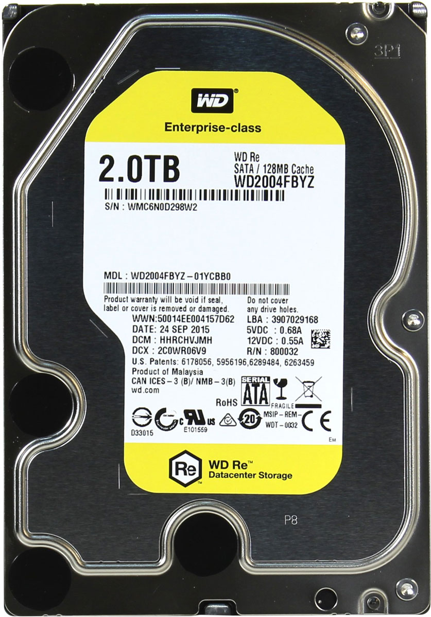 WD Re 2TB внутренний жесткий диск (WD2004FBYZ)WD2004FBYZ WD Re 2TB внутренний жесткий диск (WD2004FBYZ)WD2004FBYZМодель WD Re, созданная с применением передовых технологий, обеспечивающих стабильно высокую скорость работы в самых различных системах, и обладающая нагрузочной способностью в десять раз выше, чем накопители для настольных ПК - это рабочая лошадка семейства накопителей WD для ЦОД.Накопитель превосходно подходит для дисковых массивов, для которых требуются самые надежные диски. Благодаря своему высокому быстродействию, емкости и надежности модель WD Re превосходно подходит для хранилищ данных, систем добычи данных и высокоскоростных вычислительных систем.Этот накопитель, рассчитанный на обработку до 550 ТБ данных в год, имеет самую высокую нагрузочную способность среди 3,5-дюймовых жестких дисков и может работать быстро и надежно в любых ЦОД.Этот скоростной накопитель с MTBF до 2 млн. часов отличается высочайшей надежностью при круглосуточной работе в самых требовательных системах хранения.Система позиционирования головок с двумя приводами, отличающаяся повышенной точностью размещения блока головок над дорожками диска. Главный привод, работающий по традиционному электромагнитному принципу, перемещает блок головок по приблизительным координатам. Вспомогательный привод, в котором используется пьезомотор, более точно позиционирует головки над дорожкой. Технология RAFF нового поколения предусматривает применение сложных электронных схем для слежения за работой накопителя и одновременной корректировки как линейной, так и угловой вибрации в реальном времени. Это позволяет значительно повысить быстродействие накопителей в условиях сильной вибрации по сравнению с моделями предыдущего поколения.Записывающая головка ни при каких обстоятельствах не соприкасается с поверхностью диска, что способствует значительному уменьшению износа головок и дисков, а также более надежной защите накопителей в процессе их перевозки.Буфер HDD: 128 МБМаксимальные перегрузки: 30G длительностью 2 мс при работе (чтение/запись), 65G длительностью 2 мс при чтении; 300G длительностью 2 мс в выключенном состоянии