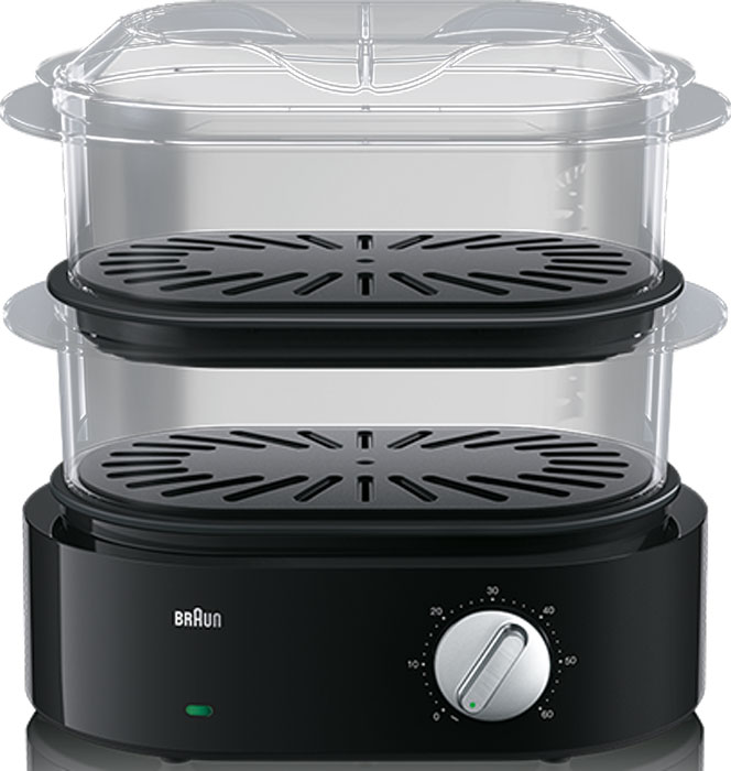 Braun FS5100, Black пароварка0X23611002 Braun FS5100, Black пароварка0X23611002Высокое качество материалов пароварки Braun FS5100 позволяет готовить полноценную и здоровую пищу. Идеально подходит для приготовления детского питанияБыстрое, легкое и здоровое питание с мощной системой генерации пара - всего за 45 секунд. Забудьте про длительное ожидание нагрева. Простой таймер для максимального удобства приготовления. Это так просто, как 1-2-3: просто просто налейте воды, добавьте ингредиенты и установите таймер! Пароварка выключится автоматически, когда таймер достигает нуля и можно не волноваться о приготовлении.Универсальные округлые формы корзин позволяют вмещать самые разнообразные ингредиенты, от куриных окорочков и рыбы, до картофеля и спаржи. Специальные противокапельные поддоны предотвращают смешивание вкусов между корзинами. Новые гнездообразные корзины обеспечивают компактность и экономию места при хранении.