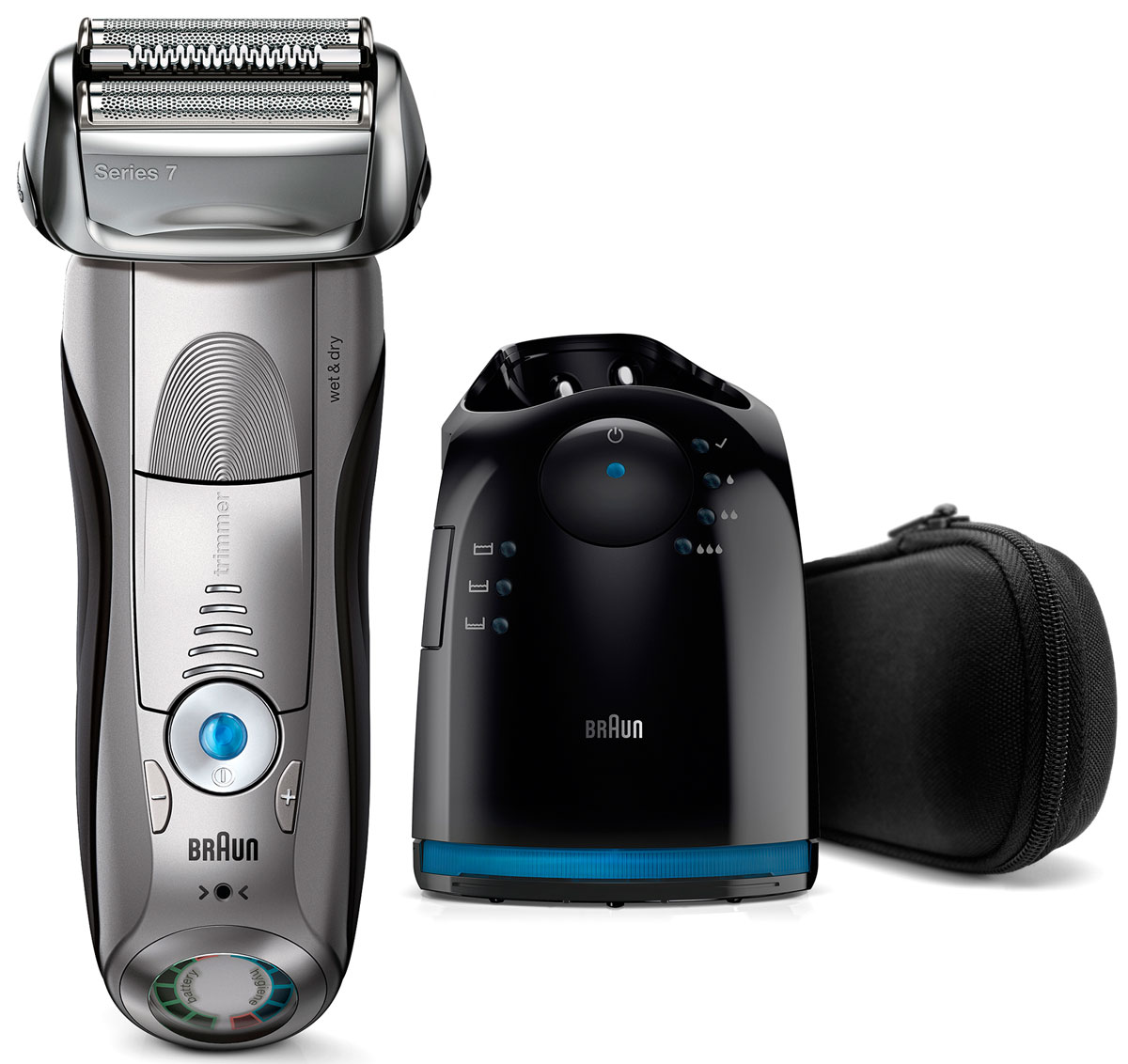 Braun Series 7 7899cc Wet&Dry, Grey электробритва81576296 Braun Series 7 7899cc Wet&Dry, Grey электробритва81576296Ультразвуковая технология электробритвы Braun Series 7 7899cc Wet&Dry считывает и адаптируется к особенностям вашей щетины, определяя ее густоту и при необходимости усиливая мощность бритья. 4 специальных бреющих элемента захватывают больше волосков одним движением, обеспечивая гладкое и комфортное бритье без компромиссов. Преимущества:5 режимов бритья, от чувствительного до турбо, позволяют подобрать оптимальный для вашего типа кожи и предпочтенийБреющие элементы позволяют уменьшить количество движений и раздражение кожиВ комплект входит четырехэтапная станция очистки и подзарядки Clean&Charge, которая после одного нажатия кнопки тщательно очищает и смазывает бритву, обновляя ее.