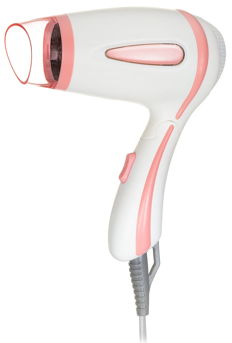 Smile HD 950, White Pink фенHD 950 Smile HD 950, White Pink фенHD 950Фен Smile HD 950 — удобное небольшое устройство с оригинальным дизайном в розовом цвете, предназначенное для быстрой и простой сушки волос, а также для выполнения укладок различной сложности. Складная ручка помогает удобно транспортировать фен и брать его с собой в дорогу. Двухступенчатый переключатель мощности дает возможность выбрать тот темп воздушного потока, который необходим вам в данный конкретный период времени.Защита от перегрева заботится о вашей безопасности, а насадка-концентратор позволяет выполнять сушку отдельных прядей. Наличие петли для подвешивания делает использование фена еще более удобным.