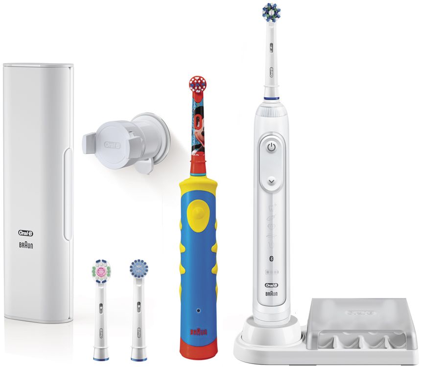 Oral-B Genius 8200 набор электрических зубных щеток81606316 Oral-B Genius 8200 набор электрических зубных щеток81606316Набор электрических зубных щеток Oral-B Genius 8200 включает взрослую электрическую зубную щетку Oral-B D701 с датчиком определения зоны чистки и детскую зубную щетку Oral-B D10K со встроенным музыкальным таймером.Электрические зубные щетки Oral-B чистят зубы именно так, как рекомендуют стоматологи. Они не только удаляют до 100% больше зубного налета, чем мануальные зубные щетки, но и улучшают здоровье десен.Oral-B Genius через Bluetooth синхронизируется с бесплатным приложением Oral-B App для iOS и Android, контролируя в режиме реального времени процесс чистки зубов. Датчик определения зоны чистки взаимодействует с фронтальной камерой смартфона и помогает равномерно очистить всю полость рта. Имеется 5 режимов чистки зубов – Ежедневная чистка, Уход за деснами, Для чувствительных зубов, Отбеливание, Профессиональная чистка.Детские электрические зубные щетки обеспечивают превосходную гигиену полости рта с учетом особенностей детского организма. Благодаря ярким цветам и дизайну с любимыми героями Диснея щётка Oral-B Mickey KIDS (D10K) превращает чистку зубов в веселое занятие! Данная модель имеет более короткие щетинки для особо бережной чистки полости рта ваших детей.Технология возвратно-вращательных движений 2D в режиме чувствительной чистки совершает 5600 движений в минуту. Встроенный музыкальный таймер проигрывает одну из 16 мелодий, мотивируя детей чистить зубы 2 минуты. Экстрамягкие расщеплённые на концах щетинки обеспечивают бережную чистку жевательных поверхностей зубов.Насадка Cross Action: щетинки, расположенные под углом 16°, окружают каждый зуб, бережно удаляя до 100% больше налета даже из труднодоступных мест.Насадка Sensitive с более мягкими щетинками для бережной чистки чувствительных участков полости рта.Насадка 3D White с полирующей чашечкой в центре щеточного поля для восстановления естественной белизны зубов.Насадка Stages Power специально для детей. Ее укороченная экстрамягкая щетина бережно очищает детские зубы. Подходит для детей с 3-х лет.Время непрерывной работы: 40 минПоддержка BluetoothДатчик нажима на зубПодсветка индикатора давления