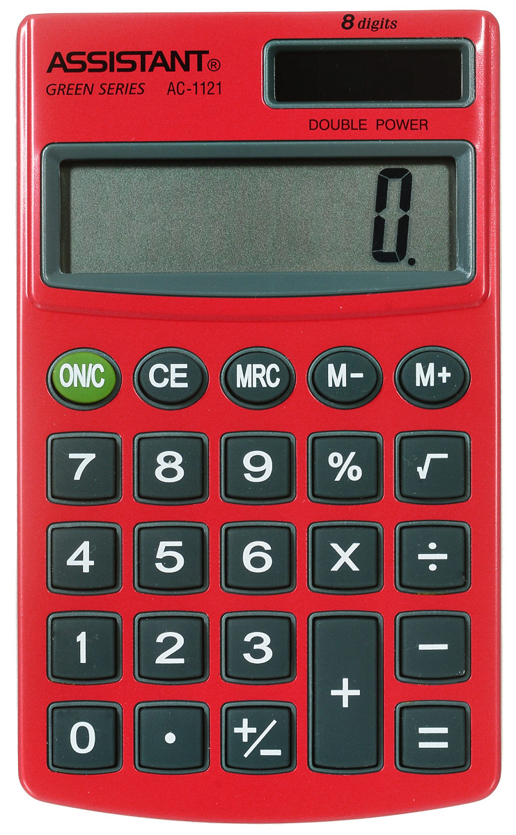 Assistant AC-1121, Red калькуляторAC-1121RD Assistant AC-1121, Red калькуляторAC-1121RDСтильный и практичный карманный калькулятор Assistant AC-1121 имеет 8-разрядный дисплей, чувствительную клавиатуру и износоустойчивые пластиковые кнопки. Устройство поможет осуществить множество вычислительных операций, включая проценты. Калькулятор имеет двойную систему питания: от солнечного элемента и от батареи, что гарантирует ему бесперебойную работу на несколько лет.