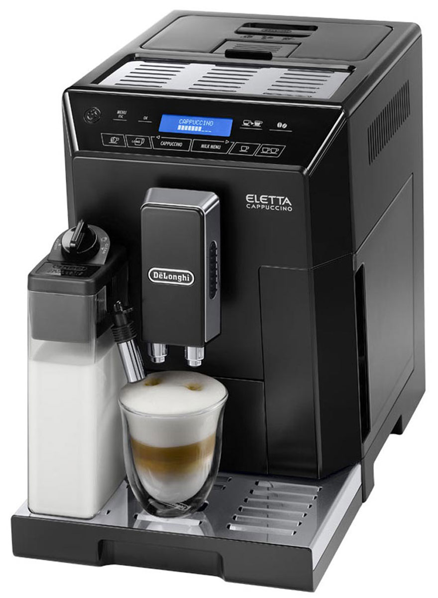 DeLonghi Eletta Cappuccino ECAM 44.664.B кофемашина0132215237 DeLonghi Eletta Cappuccino ECAM 44.664.B кофемашина0132215237Кофемашина Eletta ECAM 44.664.B от DeLonghi компактна, надежна и удобна в управлении.Простой и приятный процесс приготовления кофе практически не требует вашего участия: засыпав зёрна и заполнив резервуар водой, вы выбираете желаемый напиток и задаёте нужную программу. Кофемолка, кофеварка и устройство для взбивания молока, объединённые в одной машине, приготовят ваш любимый кофе, а вам останется только наслаждаться изумительным вкусом ароматного бодрящего напитка.Правильно измельчить любой сорт кофейных зерен вы сможете благодаря наличию в кофемолке 13 степеней помола. Вместительный контейнер для зерен рассчитан на 400 г, и оборудован специальной крышкой, которая помогает сохранять аромат. Наличие подогрева для чашек дает возможность готовить напиток по итальянской традиции, в предварительно подогретую посуду, чтобы максимально раскрыть вкус и аромат кофе.Наслаждайтесь превосходным сочетанием удовольствия. Воздушный капучино, с плотной молочной пенкой, всегда идеальной температуры... до последней капли. Автоматическая функция промывки капучинатора, встроенная в регулятор плотности молочной пенки, гарантирует легкую и безопасную очистку всех деталей системы.Интуитивно понятная сенсорная панель управления с двухстрочным текстовым дисплеем на русском языке обеспечивает удобное, простое и понятное управление всеми функциями кофемашины.Кроме отдельных кнопок для приготовления Капучино, Латте Макиато и Кофе Латте откройте для себя мир молочных напитков нажав кнопку Milk menu, в котором вы сможете выбрать из горячего молока, Flat White, Эспрессо Макиато и My Milk - опция, которая позволяет настроить рецепт собственного напитка на основе молока.Встроенная кофемолкаВместимость резервуара для зерен: 400 гВместимость контейнера для гущи: 14 порцийСъемный блок приготовленияСистема быстрой подачи параСъемный резервуар для капель с индикацией наполненностиПрограммируемая жесткость водыРегулировка дозатора под высоту чашки: 90-142 ммПрограммируемое включениеАвтоматические программы промывки и очистки от накипиИндикация необходимости очистки системы IFDЗвуковой сигнал