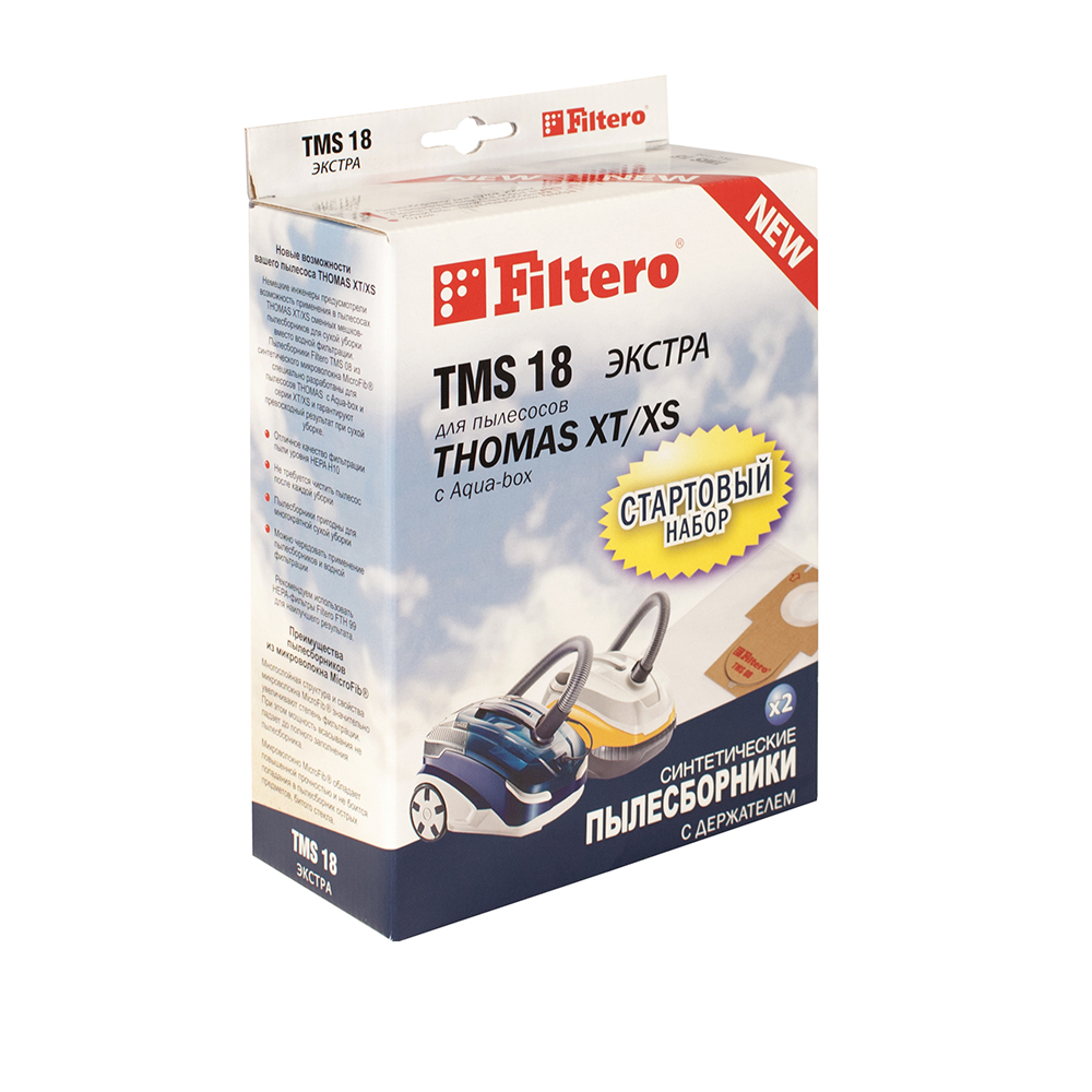 Filtero TMS 18 Экстра комплект пылесборников для Thomas XT/XS, 2 штTMS 18 (2+1) Экстра Filtero TMS 18 Экстра комплект пылесборников для Thomas XT/XS, 2 штTMS 18 (2+1) ЭкстраМешки-пылесборники Filtero TMS 18 Экстра СТАРТОВЫЙ НАБОР 2 штуки с держателем. Пылесборники Filtero ЭКСТРА произведены из синтетического микроволокна MicroFib. Очень прочные, они не боятся острых предметов и влаги, собирают больше пыли (до 50%) и обеспечивают уровень очистки воздуха 99,9%, что значительно выше, чем у бумажных пылесборников. При этом мощность всасывания пылесоса сохраняется в течение всего периода службы пылесборника.Стартовый набор TMS 18 включает в себя два сменных пылесборника Filtero TMS 08 и держатель Filtero. Сохраняя держатель Filtero из набора TMS 18 для его многократного использования в дальнейшем можно приобретать пылесборники Filtero TMS 08, без держателя.Совместимые модели:THOMAS: Allergy & Family, Aqua-box Compact, Cat & Dog XT, Lorelea XT, Mistral XS, Mokko XT, Multi clean X10 Parquet, Parkett Master XT, Parkett Prestige, XT, Parkett Style XT, Perfect Air Allergy Pure, Perfect Air Animal Pure, Perfect Air Feel Fresh, Pet & Family, Sky XT, Twin XT, Vestfalia XT, Wave XT