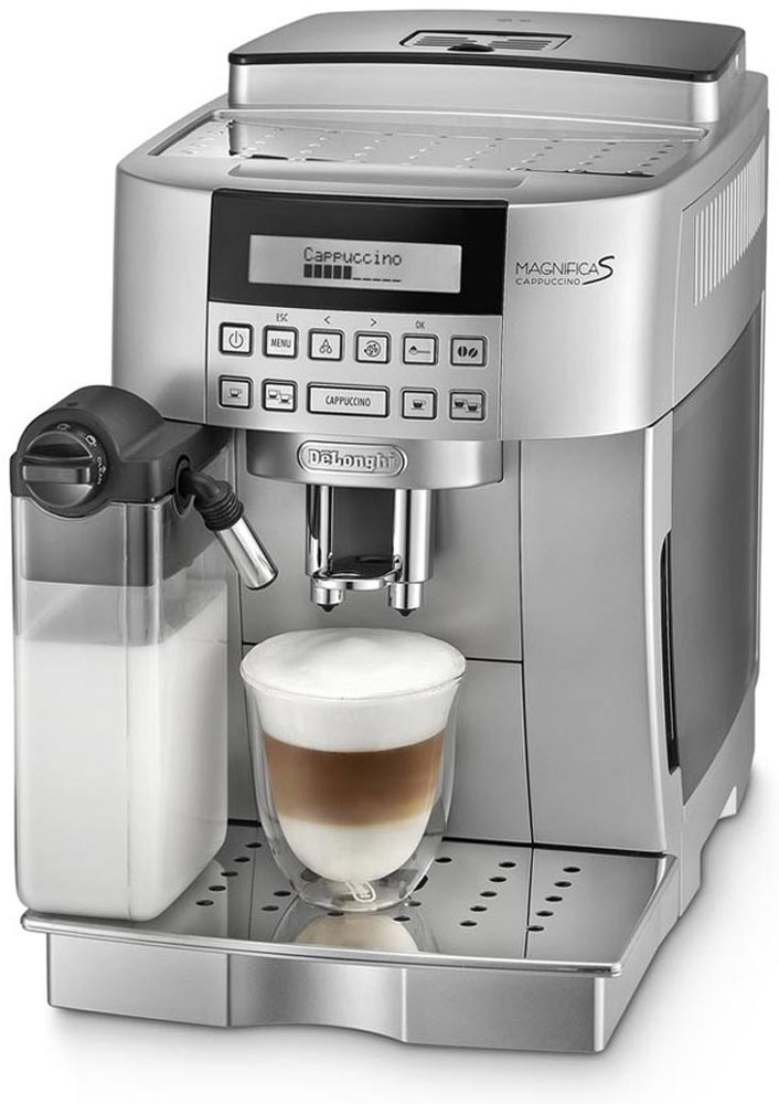 DeLonghi Magnifica EСAM22.360.S, Silver кофемашинаEcam 22.360.S DeLonghi Magnifica EСAM22.360.S, Silver кофемашинаEcam 22.360.SКомпактная автоматическая кофемашина DeLonghi Magnifica ECAM22.360.S в серебристом корпусе оснащена запатентованной автоматической системой приготовления превосходного капучино одним нажатием кнопки.Данная модель имеет 2-строчный текстовый дисплей, позволяющий выполнить настройки в соответствии с вашими индивидуальными предпочтениями, подставку для чашек с подогревом и фильтр очистки воды.В устройстве предусмотрено шесть программ приготовления напитков. Для их активации достаточно нажать на соответствующую кнопку - все процессы выполняются в автоматическом режиме. Встроенный капучинатор позволяет не беспокоиться о необходимости взбивания молока для получения устойчивой пены.Пользователю доступны функции предварительного нагрева посуды, самостоятельной очистки резервуаров, а также включения и отключения устройства по расписанию. Кроме того, при необходимости добавления кофе и воды либо обслуживания прибора он получит предупреждение на дисплее.Съемный компактный блок приготовления вместимостью от 6 до 14 гДолговечная кофемолка с регулировкой до 13 степеней помолаПрограммируемое количество кофе на порциюПрограммируемое количество воды на порциюПредварительное смачиваниеВозможность установки кофейных чашек высотой от 86 до 142 ммКонтейнер для кофе, сохраняющий ароматКонтейнер для жмыха на 14 порций с индикацией наполненностиФильтр для водыОбъем контейнера для зерен: 250 гСъемный поддон для капель с индикатором уровня водыФункция энергосбереженияРежим ожиданияБыстрое приготовление капучино