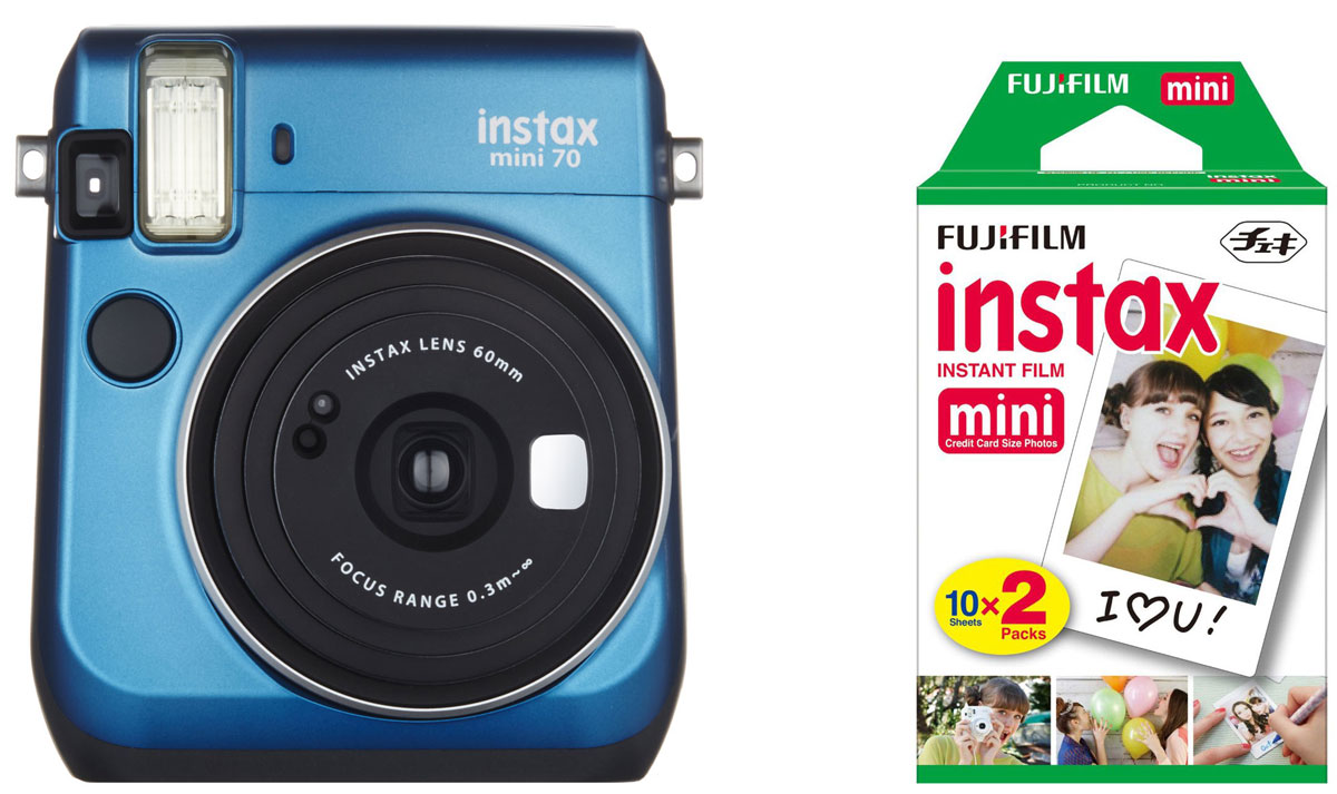 Fujifilm Instax Mini 70, Blue фотокамера мгновенной печати + Colorfilm Instax Mini (10/2PK) картридж16496079 Fujifilm Instax Mini 70, Blue фотокамера мгновенной печати + Colorfilm Instax Mini (10/2PK) картридж16496079С камерой Fujifilm Instax Mini 70 вы превратите серые будни в особенные дни, наполненные улыбками. Чтобы проводить время весело, всегда и везде берите с собой этот стильный фотоаппарат.Главной особенностью камеры является функция автоматического контроля экспозиции, которая позволяет запечатлеть, как объект съемки, так и фон в их естественной освещенности. Помимо этого Instax Mini 70 может похвастаться отдельным режимом съемки для создания cелфи.Использование режима selfie обеспечивает оптимальную яркость и расстояние для съемки автопортретов. Вы также можете проверить кадрирование в специальном зеркальце рядом с объективом.Высокопроизводительная вспышка автоматически определяет яркость окружающего освещения и устанавливает оптимальную выдержку - специальные настройки не требуются!С помощью функции Hi-Key можно запечатлеть яркие, красивые тона кожи. Также имеются режимы для съемки макро и пейзажей. Для максимального удобства также предусмотрена заполняющая вспышка и стандартное штативное гнездо.Используемая фотопленка: Fujifilm Instax MiniРазмер фотографии: 62 х 46 ммУправление экспозицией: автоматическоеКоррекция экспозиции: ±2/3 EVПитание: CR2/DL CR2 х 2Ресурс батарей: 30 упаковок фотобумаги (по результатам исследований Fujifilm)