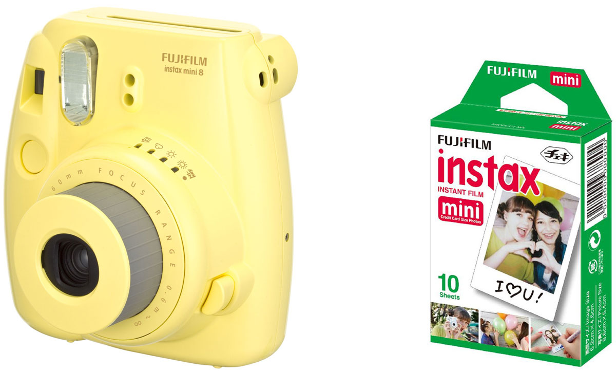Fujifilm Instax Mini 8, Yellow фотокамера мгновенной печати + Colorfilm Instax Mini Glossy (10/PK) картридж16427743 Fujifilm Instax Mini 8, Yellow фотокамера мгновенной печати + Colorfilm Instax Mini Glossy (10/PK) картридж16427743Камера с технологией моментальной печати Fujifilm INSTAX Mini 8 позволяет печатать фотографии размера визитной карточки сразу после съемки.Обладая теми же конструктивными и эксплуатационными характеристиками, что и INSTAX mini 7S, INSTAX mini 8 примерно на 10% меньше mini 7S по объему корпуса. Процесс кадрирования стал проще благодаря видоискателю, который передает четкую картинку в реальном времени (даже при съемке под углом) и отличается более наглядной центральной меткой. К функциям съемки добавлен режим High-key - повышение диафрагмы на 2/3 ступени. Чтобы сделать фотографию с яркими и мягкими цветами, которые так полюбились девушкам, достаточно прокрутить диск в режим High-key.С момента своего выхода в свет в 1998 году камера INSTAX mini стала очень популярной благодаря простому управлению, остроумному дизайну и удивительному качеству снимков. Судя по тому, насколько распространен в наше время обмен цифровыми фотографиями, способов делиться любимыми снимками со временем определенно будет становиться больше. На волне этого тренда люди вновь оценили всю прелесть фотоаппаратов с технологией моментальной печати, ведь они позволяют тут же отдать готовую фотографию, например, другу. Камеры Instax можно использовать в самых различных ситуациях: на свадьбах и на вечеринках, для обычной съемки и для автопортретов. Причина популярности INSTAX среди девочек-подростков и женщин до 20 лет, для которых пленочные фотографии уже в диковинку, - это яркие и мягкие цвета полученных снимков.Камеры INSTAX mini 8 представлены в пяти цветовых вариантах - самое большое количество цветов в серии INSTAX. Покупатели могут выбрать не только стандартный белый или черный цвет, но и популярные среди женщин пастельные тона розового, голубого и желтого цвета.Используемая фотопленка: Fujifilm Instax MiniРазмер фотопленки: 86 мм х 54 ммРазмер снимка: 62 мм х 46 ммДиапазон фокусировки: от 0.6 м до бесконечностиУправление экспозицией: система ручного переключения (светодиодный индикатор в экспонометре)Окно подтверждения загрузки фотобумагиВывод фотоснимка: автоматическийАвтоматическое выключение питания через 5 минутСчетчик экспозиций (количество неэскпонированных листов фотобумаги)Ресурс батарей: около 100 снимков (10 кассет с пленкой)