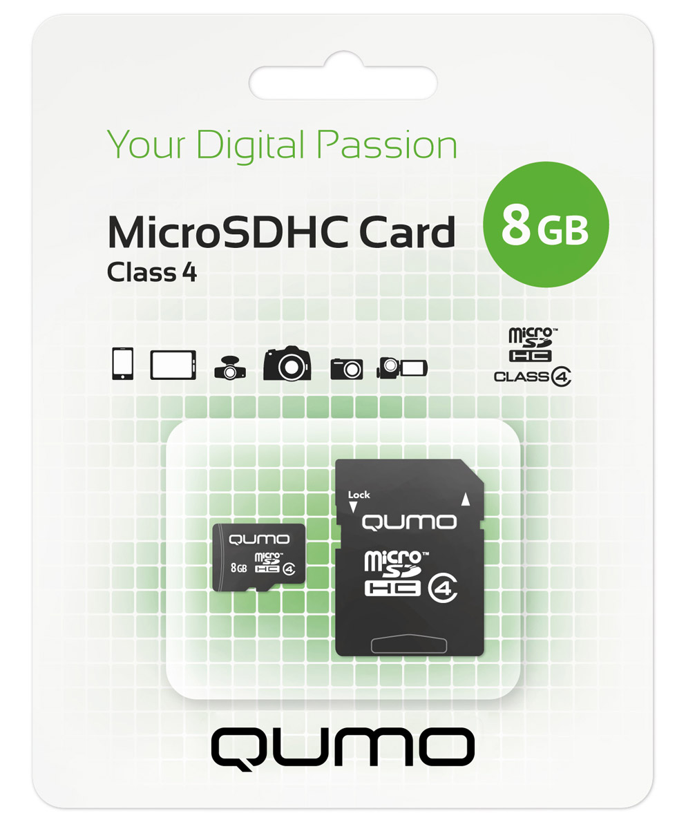 QUMO microSDHC Class 4 8GB карта памяти + адаптер6909723171544 QUMO microSDHC Class 4 8GB карта памяти + адаптер6909723171544Карта памяти QUMO microSDHC Class 4 позволяет осуществлять расширение памяти цифровых плееров, цифровых фотоаппаратов и видеокамер, коммуникаторов, смартфонов, интернет планшетов и других совместимых устройств. Карты памяти Qumo являются качественным решением для хранения и переноса различного рода информации, такой как, музыкальный файлы, фотографии, электронные документы и другие важные для вас файлы.Внимание: перед оформлением заказа, убедитесь в поддержке вашим электронным устройством карт памяти данного объема.