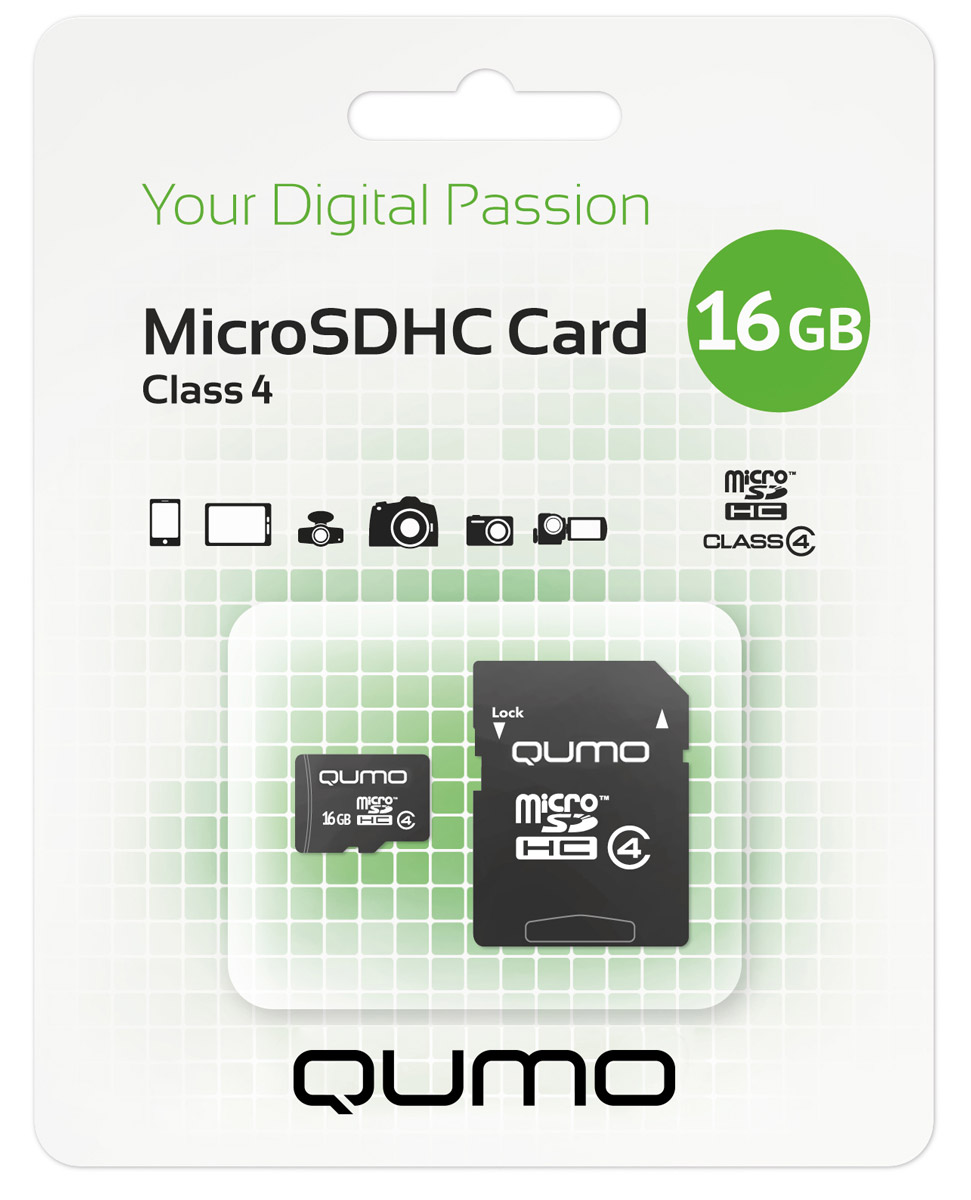 QUMO microSDHC Class 4 16GB карта памяти + адаптер6909723175269 QUMO microSDHC Class 4 16GB карта памяти + адаптер6909723175269Карта памяти QUMO microSDHC Class 4 позволяет осуществлять расширение памяти цифровых плееров, цифровых фотоаппаратов и видеокамер, коммуникаторов, смартфонов, интернет планшетов и других совместимых устройств. Карты памяти Qumo являются качественным решением для хранения и переноса различного рода информации, такой как, музыкальный файлы, фотографии, электронные документы и другие важные для вас файлы.Внимание: перед оформлением заказа, убедитесь в поддержке вашим электронным устройством карт памяти данного объема.