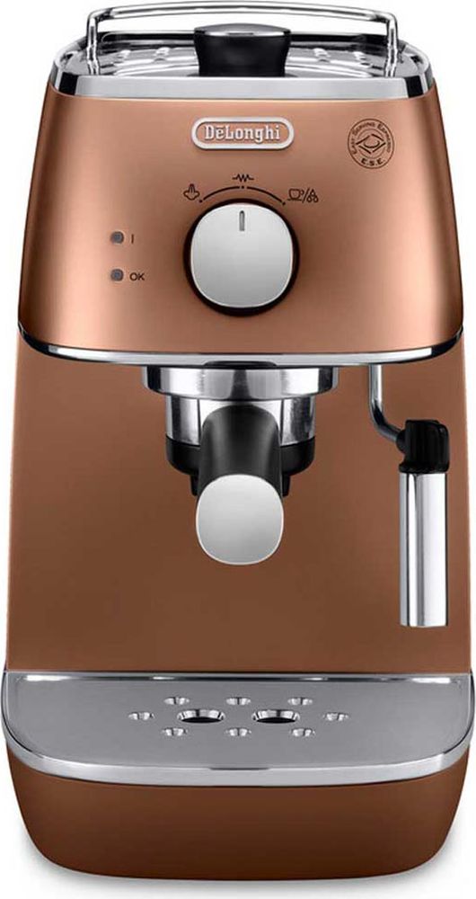 DeLonghi Distinta ECI341, Copper рожковая кофеварка0132104146 DeLonghi Distinta ECI341, Copper рожковая кофеварка0132104146Стильная рожковая кофеварка DeLonghi ECI 341 из коллекции Distinta выполнена в медном цвете. Два раздельных термостата отображают температуру воды и пара. Поддержка давления и температуры экономит время — кофеварка готова к работе в любое время. Контейнер для воды легко снимается для наполнения. Подставка для чашек с подогревом повышает комфорт эксплуатации.Регулируемая подача параФункция подачи горячей водыСистема поддержания давления и температурыСъемный поддон для капельФильтр для кофе 2 в 1 (молотый и чалды) с устройством CremaФильтр с системой двойного дна (DF)Материал бойлера: нержавеющая сталь