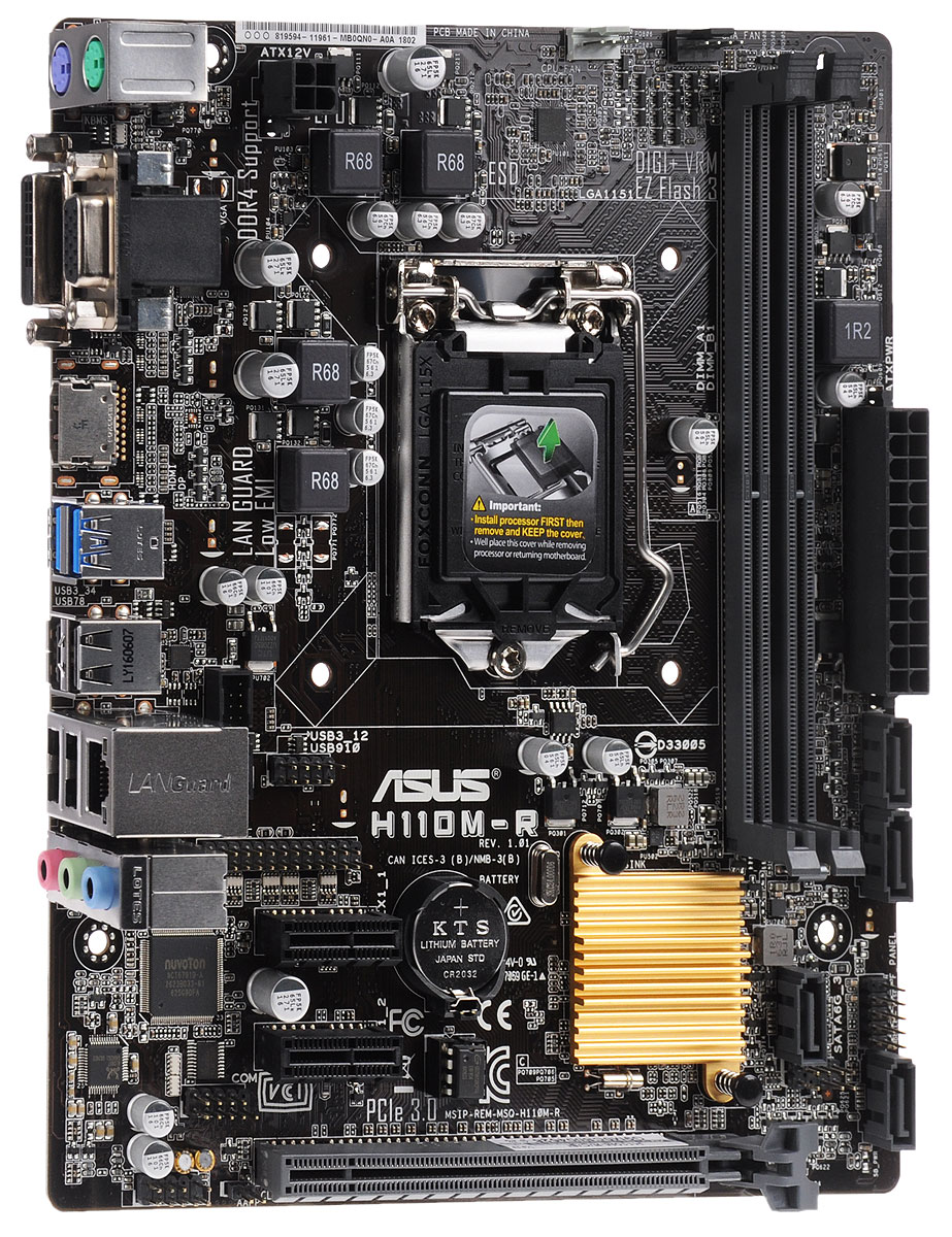 ASUS H110M-R/C/SI материнская платаH110M-R/C/SI ASUS H110M-R/C/SI материнская платаH110M-R/C/SIНедорогая micro-ATX плата Asus H110M-R/C/SI серии H110 с поддержкой памяти DDR4.Данная материнская плата поддерживает процессоры Intel Core i7/i5/i3 шестого поколения, а также процессоры Pentium/Celeron в корпусе LGA1151. Особенностью этих процессоров являются встроенные контроллеры памяти и шины PCI Express, обеспечивающие работу двухканальной памяти DDR4 (2 DIMM) и 16 линий PCI Express 3.0/2.0, а также мощное интегрированное графическое ядро.Intel H110 - это новейший чипсет, оптимизированный для работы с процессорами Intel серий Core i3, Core i7, Core i5, Pentium, Celeron шестого поколения, устанавливаемыми в разъем LGA110. Он отличается высокой стабильностью, производительностью и пропускной способностью. Intel H110 позволяет использовать графическое ядро, встроенное в современные процессоры Intel.Комплекс решений 5X Protection II обеспечивает непревзойденную надежность материнской платы Asus H110M-R/C/SI, а строгие стандарты тестирования гарантируют их совместимость с огромным количеством компьютерных компонентов. Использование современных технологий и конденсаторов премиум-класса позволило увеличить пропускную способность сетевого интерфейса. В то же время, для защиты цепей LAN от перенапряжения, вызываемого статическим электричеством, применяются защитные цепи.В системе питания данной материнской платы используются стабилизаторы, обеспечивающие защиту от перепадов напряжения, которые могут возникнуть при использовании блоков питания не самого высокого качества.Для предотвращения перегрузки по току и коротких замыканий на материнской плате используются встроенные предохранители. Они защищают все компоненты устройства, начиная с периферийных разъемов и заканчивая слотами памяти.Фирменный модуль управления питанием ASUS DIGI+ позволяет добиться максимальной стабильности и эффективной работы компьютера.Задняя панель материнских плат ASUS изготавливается из нержавеющей стали, покрытой тонким слоем оксида хрома, который обладает антикоррозийными свойствами. Благодаря этому она может похвастать долгим сроком службы.Опасностью статического электричества часто пренебрегают, а ведь этот фактор может причинить серьезный вред системе. Для защиты от электростатического разряда Asus использует специальную защитную схему, способную выдерживать разряд до 10 кВ через воздух и до 6 кВ при контакте.DDR4 - новый тип системной памяти, которая работает на высокой частоте (до 2133 МГц). Специалисты Asus работают в тесном контакте с производителями модулей DDR4, чтобы обеспечить максимальную совместимость компонентов.В отличие от традиционных BIOS-систем Asus UEFI BIOS обладает графическим интерфейсом с поддержкой мыши. Он имеет режимы для новичков и энтузиастов.С данной моделью пользователь получает сразу два порта USB 3.0 на передней панели системного блока. Каждый из них обеспечит в несколько большую пропускную способность по сравнению с USB 2.0!Красивая светодиодная подсветка выделяет дорожки встроенной высококачественной аудиоподсистемы и делает дизайн вашего компьютера незабываемым. Эффективная изоляция обеспечивает качественное разделение аналоговой и цифровой части для снижения уровня взаимных помех. Для повышения качества аудиосигнала левый и правый каналы расположены на разных слоях печатной платы. Конденсаторы известных японских производителей способствуют высочайшему качеству звука.Удобная защелка графического слота позволяет без проблем устанавливать и извлекать любую видеокарту!Слоты памяти оснащаются удобными односторонними защелками. Благодаря им устанавливать и извлекать модули памяти не составит ни малейшего труда!Утилита ASUS Fan Xpert позволяет регулировать скорость вращения 3- и 4-контактных процессорных и корпусных вентиляторов в зависимости от уровня загрузки и температуры компонентов компьютера. Пользуясь гибкими настройками, можно легко обеспечить эффективное охлаждение при минимальном уровне шума.Все эксклюзивные функции и технологии Asus теперь доступны посредством единого программного интерфейса Asus AI Suite 3. С его помощью можно осуществлять разгон компьютера, управлять параметрами энергопотребления и вентиляторами, изменять напряжения и следить за состоянием системы. Единый интерфейс избавляет вас от необходимости переключаться между дюжиной разных утилит.