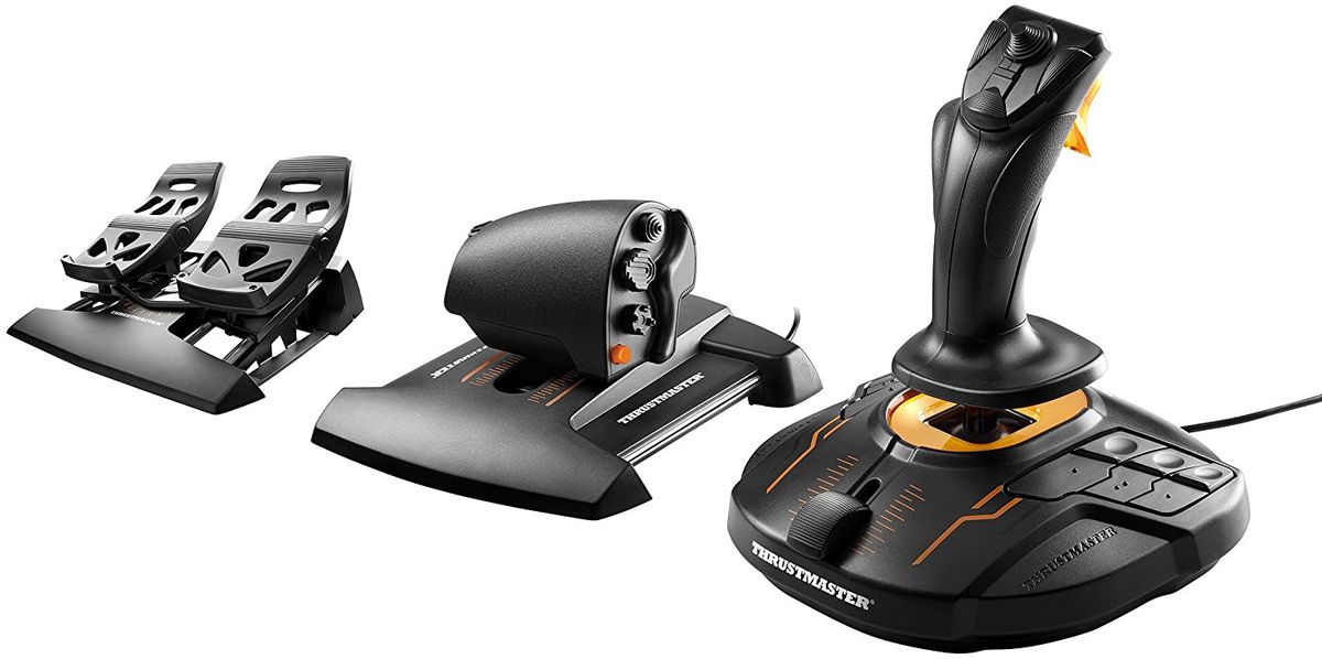 Thrustmaster T-16000M FSC Flight Pack джойстик + рычаг управления + педалиTHR59 Thrustmaster T-16000M FSC Flight Pack джойстик + рычаг управления + педалиTHR59Игровой комплект Thrustmaster T-16000M FSC Flight Pack состоит из джойстика T-16000M, рычага управления и педалей.Благодаря дизайну и эргономичности комплекта, в распоряжении геймеров оказывается множество удобных возможностей для повышения эффективности и точности полетов. Улучшенный доступ к органам управления полета оказывается еще важнее для игр с поддержкой виртуальной реальности, обеспечивающих полное погружение и исключительные летные ощущения.Система TFRP имеет 4 направляющих рельса из анодированного алюминия промышленного класса. Уникальная конструкция рельсов обеспечивает абсолютно плавное скольжение. Вместе с автоцентрируемой осью руля это дает идеальное сочетание плавности и сопротивления для повторного центрирования.Для обеспечения полного контроля рычаг управления TWCS предлагает 14 кнопок и 8-позиционный переключатель точки обзора в дополнение к органам управления джойстика. В сумме, таким образом, геймеры получают 5 осей, 30 кнопок и два 8-позиционных переключателя точки обзора плюс 3 дополнительных оси опционального руля направления TFRP.3 съемных компонента обеспечивают превосходную подгонку джойстика для работы левой или правой рукой.Магниты: отсутствие трения и крайняя точность, не убывающая со временем.16 функциональных кнопок с сенсорной идентификациейПереключатель для настройки 12 кнопок на базе для левой или правой руки4 независимых оси, включая поворотный переключатель руля направления (управляется поворотом джойстика)Эргономичный триггер для торможения (гражданские полеты) или быстрого огня (военные полеты, космическая симуляция)Многопозиционный переключатель (панорамный обзор)Широкий упор для снижения нагрузки на рукуУтяжеленная база для повышенной стабильностиПО Thrustmaster Advanced pRogramming Graphical EdiTor: комбинирование с другими устройствами Thrustmaster (распознаются как единое USB-устройство), а также загрузка и создание специальных профилей функций для каждой игры.