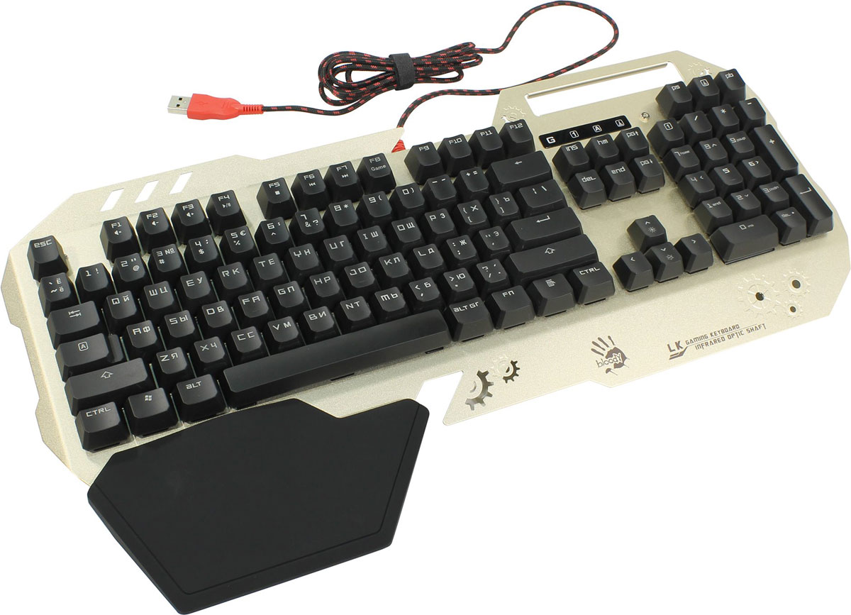 A4Tech Bloody B860, Gold Black игровая клавиатура381461 A4Tech Bloody B860, Gold Black игровая клавиатура381461Игровая клавиатура A4Tech Bloody B860 обладает уникальной долговечностью, ультрапрочностью и отсутствием износа, поскольку ресурс нажатий составляет 100 млн. Также модель имеет очень короткий ход срабатывания - 3 мм, у большинства механических клавиатур этот показатель на 25% больше.Кнопки клавиатуры имеют LED-подсветку с возможность регулирования яркости, что обеспечивает идеальную видимость в темноте. Встроенные световые эффекты можно изменять с помощью сочетания клавиш Fn+F12.При использовании механических клавиатур Bloody пользователи смогут по достоинству оценить отсутствие шумов в сигнале и случайных двойных срабатываний.Игровой режим с технологией Anti-Ghosting позволяет одновременно нажимать любое количество клавиш без опасений залипания. При нажатии Fn+F8 в режиме игры деактивируются кнопка Windows для предотвращения случайного вылета из игровой сессии.Игровые клавиатуры данной серии прочны благодаря влагозащищенной конструкции - оптические переключатели защищены барьером в 6 мм для предотвращения попадания жидкости.Модель заключена в алюминиевый корпус, что обеспечивает прочность и стойкость к коррозии.