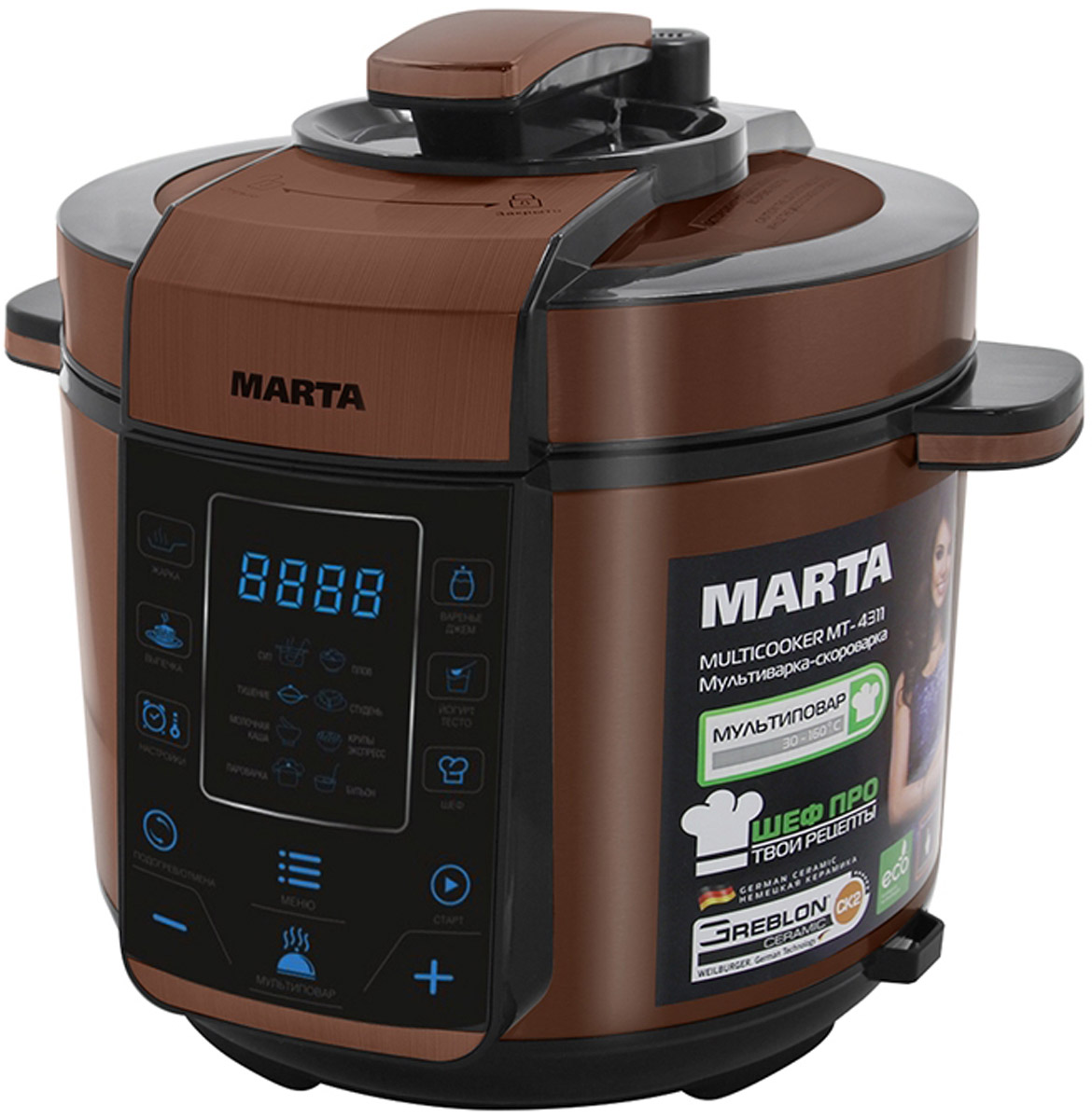 Marta MT-4311, Black Cooper мультиваркаMT-4311 Marta MT-4311, Black Cooper мультиваркаMT-4311MARTA представляет новую уникальную мультиварку-скороварку, обладающую совершенным дизайном и всеми возможными функциями. Это настоящий прибор 2 в 1 - мультиварка и скороварка! Он позволяет готовить с давлением и без давления.МАRТА МТ-4311 комплектуется толстостенной чашей с немецким керамическим покрытием GREBLON CK2. Главной особенностью модели МАRТА МТ-4311 является то, что это универсальное устройство, которое совмещает функции мультиварки и скороварки. В ней есть программы, которые используют технологию приготовления пищи под давлением, а есть программы, присущие простым мультиваркам, в которых приготовление происходит без давления. Ваше блюдо никогда не подгорит, сохранит свой вкус, аромат и витамины. Сенсорное управление позволит с легкостью управляться 30 программами приготовления, из которых 14 - полностью автоматическая: 9 работают в режиме скороварки, а 5 - в режиме мультиварки. Остальные 16 программ настраиваются вручную. А для полного раскрытия кулинарного таланта - программа мультиповар в комбинации с программой ШЕФ и функцией ШЕФ ПРО! Откройте для себя новые кулинарные возможности со скороварками MARTA!