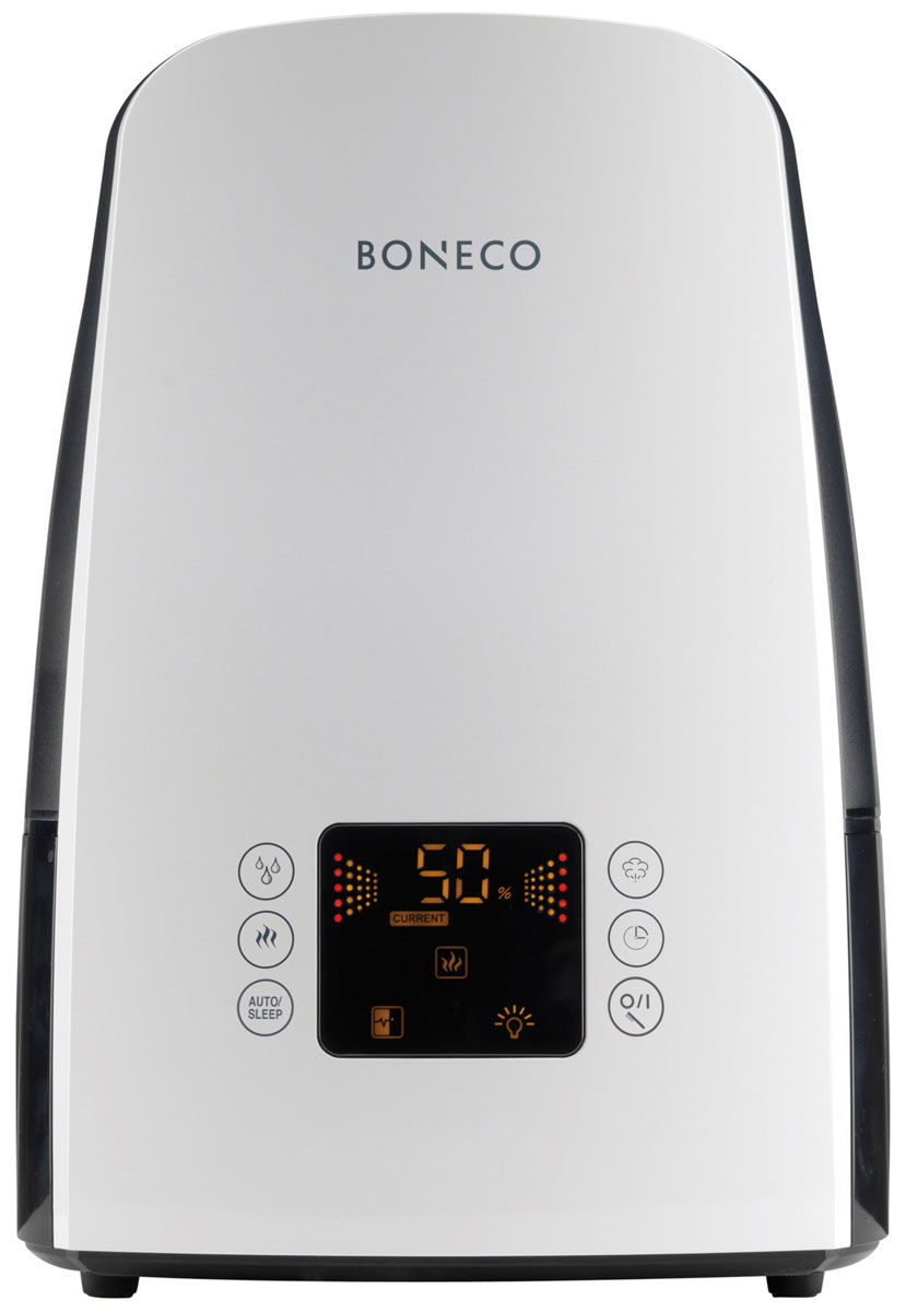 Boneco U650, White ультразвуковой увлажнитель воздухаНС-1077066 Boneco U650, White ультразвуковой увлажнитель воздухаНС-1077066Увлажнитель Boneco U650 воплотил в себе самые современные разработки в области микроклимата. Модный дизайн и популярные цвета, сенсорное управление, информационный дисплей и максимальный функционал делают увлажнитель Boneco U650 оптимальным прибором для дома и офиса. Благодаря встроенному электронному гигростату и датчику температуры определяется необходимый уровень влажности в зависимости от температуры, который будет автоматически поддерживаться в течение заданного периода времени (до 8 часов) или в непрерывном режиме. Именно так действует функция ITC (Intelligent Temperature Compensation) обеспечивая 100%-ю точность поддержания здорового микроклимата.Отличительной особенностью Boneco U650 является функция теплого пара, с помощью которой вода, прежде чем попасть на ультразвуковую мембрану, подвергается длительному нагреву до 80°С (пастеризация). В результате вода обеззараживается от бактерий, а производительность увлажнителя возрастает до 550 г/час. Новое решение коснулось и мембраны. Благодаря специальному покрытию titanium nitride поверхность мембраны приобретает характерный золотой оттенок и устойчивую защиту к физическим и химическим повреждениям.Прибор оснащен современным электронным блоком с сенсорным управлением i-touch, каждое нажатие кнопки сопровождается ненавязчивым звуковым сопровождением, что делает взаимодействие с прибором еще более простым и понятным.Чтобы сделать процесс эксплуатации увлажнителя максимально простым и использовать водопроводную воду для увлажнения, во всех ультразвуковых увлажнителях Boneco предусмотрен фильтр - картридж с ионообменной смолой, срок службы которого 3-4 месяца (в зависимости от качества водопроводной воды и частоты использования прибора).Струйный распылитель воды (сплиттер)Встроенный электронный гигростат (регулятор влажности)Регулятор интенсивности увлажненияИндикатор низкого уровня водыИндикатор чистки прибораИндикатор яркости дисплея