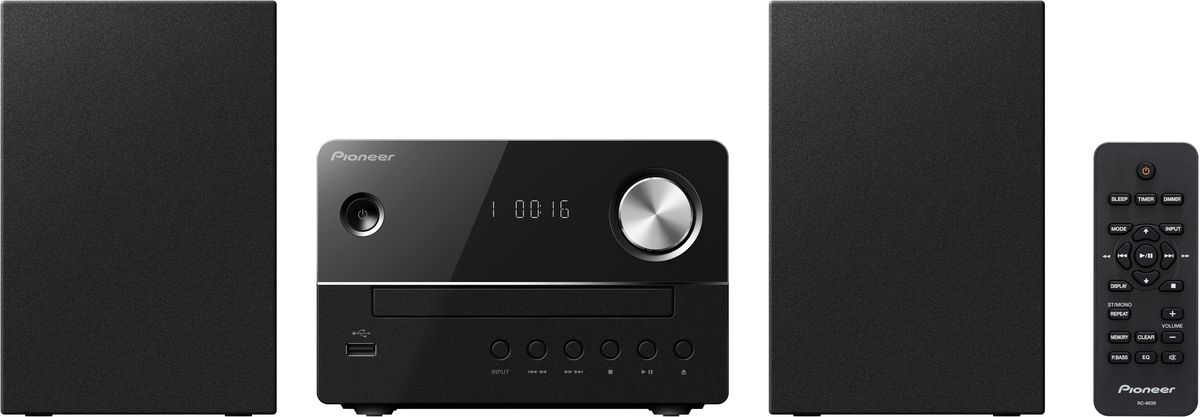 Pioneer X-EM16, Black музыкальный центр1500177 Pioneer X-EM16, Black музыкальный центр1500177Микросистема Pioneer X-EM16 суперкомпактна, а благодаря весу каждого компонента около одного килограмма она не окажется слишком тяжелой даже для не самых прочных полок – таким образом для CD-ресивера и обеих стереоколонок найдется подходящее место действительно в любой комнате.Простой и элегантный дизайн будет безупречно гармонировать с любым окружением. Помимо CD и FM-радио, модель X-EM 16 может также воспроизводить MP3-файлы с USB-флешек, а благодаря линейному входу систему даже можно расширить, подключив дополнительный аудиоплеер, например, портативный медиаплеер или сетевой плеер.Pioneer X-EM16 приятно удивляет звучанием, которое гораздо объемнее по сравнению с тем, как выглядит система, и гибко подстраивается под привычки слушателей с помощью эквалайзера с пятью предустановленными режимами и переключаемого режима P.Bass. Для спальни или гостиной рекомендуется дополнительное использование встроенных в систему функций спящего режима и таймера.