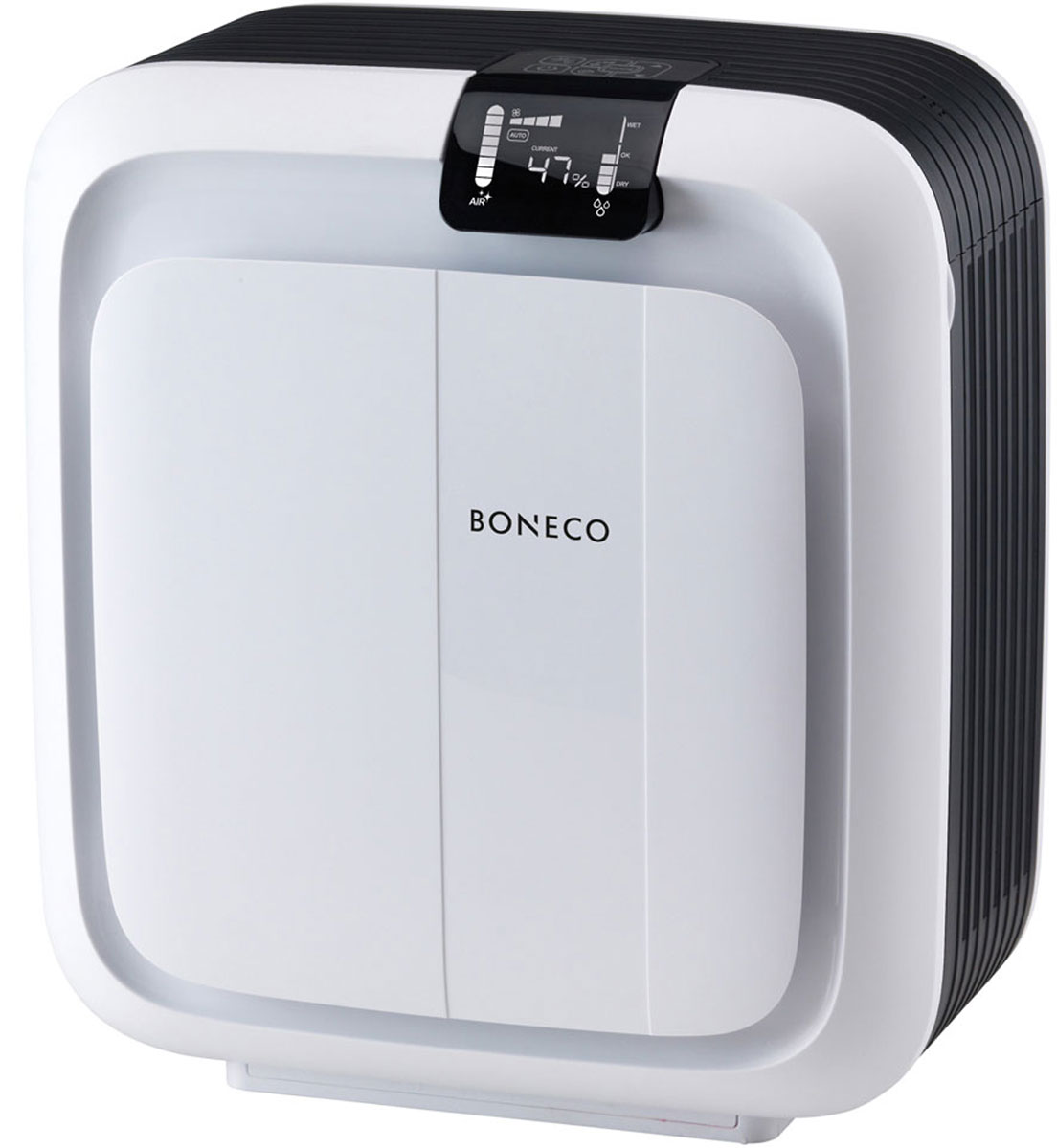 Boneco H680 климатический комплексНС-1073 Boneco H680 климатический комплексНС-1073Климатический комплекс Boneco H680 — оптимальный прибор для создания правильного микроклимата в доме! Комплекс мягко и быстро увлажняет воздух (до 1 000 г/ч) в помещении площадью до 100 м2, качественно очищает воздух от вредных примесей с помощью фильтра предварительной очистки и фильтра HYBRID, наполняет комнату приятным ароматом с помощью ароматизатора.Разнообразие функций и комбинирование режимов работы позволяет добиться максимальных результатов. В Boneco H680 Вы можете выбрать режим увлажнения воздуха, режим очистки воздуха или режим увлажнение + очистка воздуха.Информативный ЖК-дисплей комплекса Boneco H680 отображает всю необходимую информацию: режимы работы, качество чистоты воздуха, скорость работы вентилятора, текущую и заданную влажность в помещении. Прибор самостоятельно диагностирует «собственное здоровье» и своевременно проинформирует о необходимости залива воды в резервуар, замене фильтра или о необходимости очистки.Климатический комплекс Boneco H680 экономичен с точки зрения расхода электроэнергии, работает с низким уровнем шума и удобен в управлении. Управление комплексом возможно через панель управления или входящий в комплект пульт ДУ.Фильтр HYBRID (HEPA 11+active carbon) + барабан с 3D-губкойИнновационная 3D-губка, не требующая замены, с возможностью стирки в стиральной и посудомоечной машине