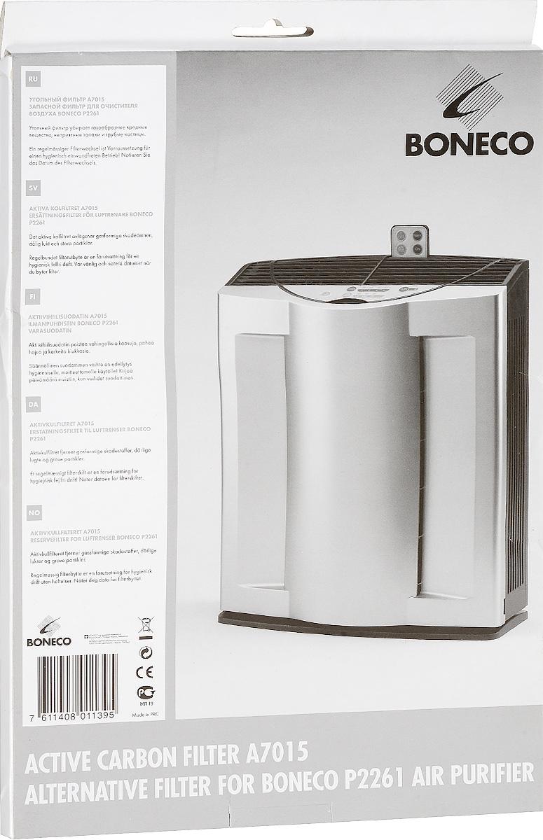 Boneco A7015 угольный фильтрНС-0070580 Boneco A7015 угольный фильтрНС-0070580Оригинальная система фильтров, применяемых в очистителях воздуха Boneco 2261 состоит из HЕРА-фильтра и угольного фильтра. HEPA-фильтр улавливает из воздуха до 99,95% аллергенов и загрязняющих веществ размером до 0,001 микрон — частички пыли, шерстинки животных, пыльцу цветущих растений и т.д. Угольный фильтр поглощает вредные газы, табачный дым и неприятные запахи и другие химические соединения. Название НЕРА-фильтр представляет собой аббревиатуру из слов High Efficiency Particulate Arresting, которая переводится с английского как высокоэффективная задержка частиц HEPA-фильтр требует замены по мере загрязнения, но не реже 1 раза в год. В сочетании с другими фильтрами, воздействие HEPA-фильтра усиливается, что позволяет более эффективно очищать воздух.