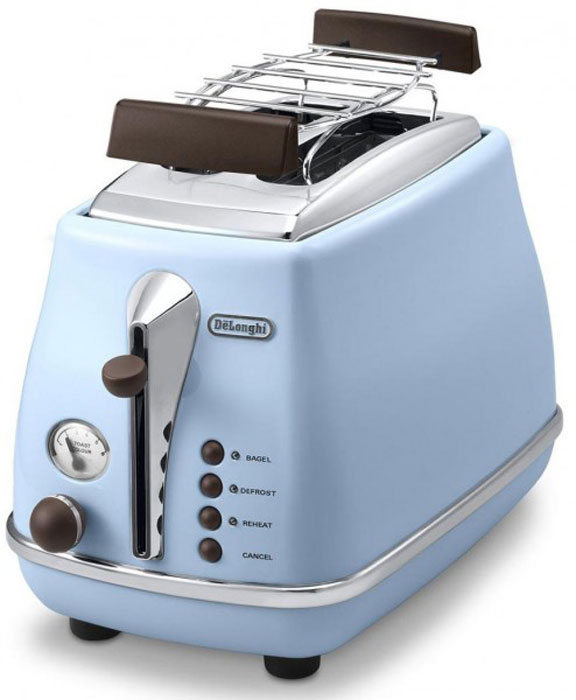 DeLonghi CTOV 2103, Blue тостерCTOV2103.AZ DeLonghi CTOV 2103, Blue тостерCTOV2103.AZЛаконичный тостер DeLonghi CTOV 2103 оснащен удобным кнопочным управлением и регулятором степени прожарки тостов. Решетка из нержавеющей стали предназначена для подогрева булочек и круассанов. Ножки тостера имеют специальное нескользящее покрытие, благодаря им прибор устойчиво располагается на рабочей поверхности. Готовые тосты высоко поднимаются над нагретой поверхностью прибора, это исключает вероятность ожогов и повышает безопасность эксплуатации.