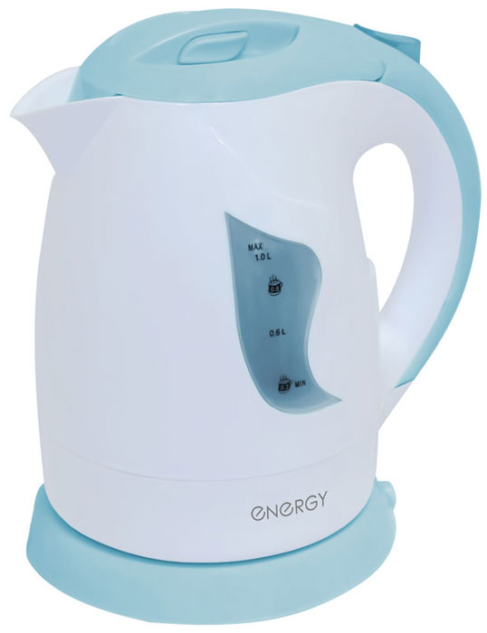 Energy E-209, White Blue электрический чайник54 153138 Energy E-209, White Blue электрический чайник54 153138Электрический чайник Energy E-209 прост в управлении и долговечен в использовании. Изготовлен из высококачественных материалов. Прозрачное окошко позволяет определить уровень воды. Мощность 900 Вт позволит быстро вскипятить 1 литр воды. Беспроводное соединение позволяет вращать чайник на подставке на 360°. Для обеспечения безопасности при повседневном использовании предусмотрены функция автовыключения, а также защита от включения при отсутствии воды.