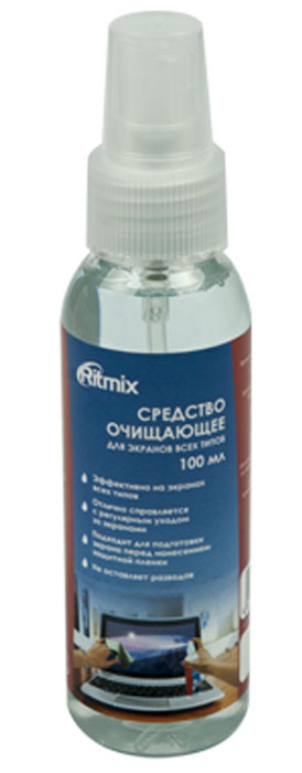 Ritmix RC-100BW средство для ухода за электроникойRC-100BW Ritmix RC-100BW средство для ухода за электроникойRC-100BWRitmix RC-100BW – средство, предназначенное для очистки экранов мониторов, дисплеев ноутбуков, портативных компьютеров, телефонов, планшетов, экранов телевизоров и любых других экранных поверхностей.Способ применения:Распылить средство на салфетку.Протереть поверхность смоченной салфеткой круговыми движениями от центра к периферии.При необходимости протереть сухой салфеткой.Условия хранения:Хранить вдали от источников тепла и не подвергать воздействию прямых солнечных лучей в недоступном для детей месте.Хранить в отапливаемых помещениях при температуре от 0 до +25 градусов по Цельсию.