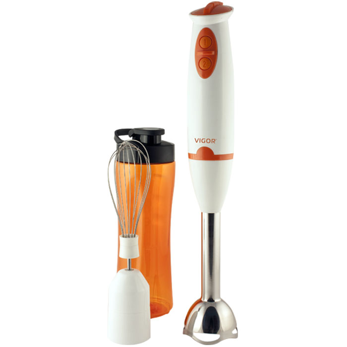 Vigor HX-5925 погружной блендерHX-5925 Vigor HX-5925 погружной блендерHX-5925С помощью блендера Vigor HX-5925 можно приготовить большое количество различных блюд. Стильный погружной блендер идеально подойдет для измельчения продуктов различной плотности и приготовления фруктовых коктейлей. Прорезиненная кнопка предотвращает соскальзывание пальца в процессе приготовления, делая работу с прибором приятной и безопасной. Специально разработанная конструкция погружной части блендера предотвращает разбрызгивание, гарантируя чистоту вашей кухни. Нижняя часть блендера легко снимается и её удобно мыть.