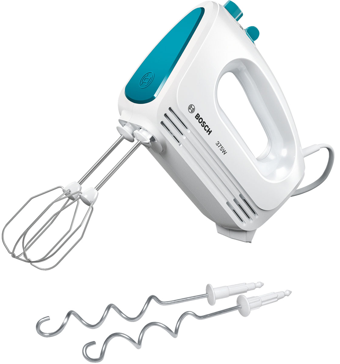 Bosch MFQ2210D миксерMFQ2210D Bosch MFQ2210D миксерMFQ2210DМиксер Bosch MFQ2210D бело-бирюзового цвета создает особое, приподнятое настроение при приготовлении пищи и выпечки. Мощный и в тоже время тихий мотор 375 Ватт легко справляется с взбиванием сливок и замешиванием теста. В комплекте две пары практичных насадок, которые гарантируют идеальный результат работы. Для большего удобства данная модель снабжена кнопкой легкого отсоединения насадок. Удобно держать в руке и комфортно работать благодаря эргономичной ручке и малому весу прибора. Высокое качество Bosch гарантирует, что миксер прослужит вам долгое время.