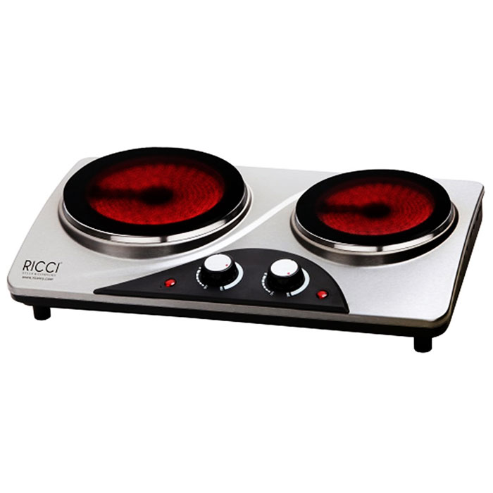 Ricci RIC-3206i, Silver Black инфракрасная настольная плита17 RIC-3206i Ricci RIC-3206i, Silver Black инфракрасная настольная плита17 RIC-3206iНастольная инфракрасная варочная плитка Ricci RIC-3206i с двумя конфорками различной мощности для быстрого разогрева и приготовления разнообразных блюд. Прибор имеет плавную регулировку температуры каждой конфорки и световой индикатор включения, а благодаря компактным размерам станет незаменимым помощником на даче или небольшой кухне. Защита от перегрева обеспечивает безопасное использование прибора. Корпус из нержавеющей стали