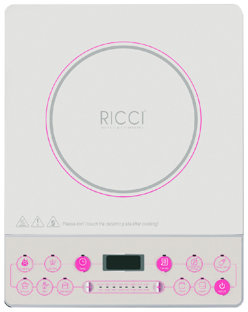 Ricci JDL-C21E3, White Pink индукционная настольная плита17 JDL-C21E3 Ricci JDL-C21E3, White Pink индукционная настольная плита17 JDL-C21E3Индукционная настольная плита Ricci JDL-C21E3 имеет современный дизайн и качественное исполнение. Варочная поверхность сделана из высококачественного закаленного стекла оснащена одной индукционной конфоркой. Дисплей и кнопки расположены на панели впереди. Чтобы не забыть проверить готовящееся на плите блюдо, установите таймер (до 180 минут). Данная модель также оснащена функцией блокировки от детей.Цифровой дисплей8 уровней мощности8 программ приготовления Таймер, светодиодный дисплей (0-180 минут)Прочное стеклоBlack Crystal