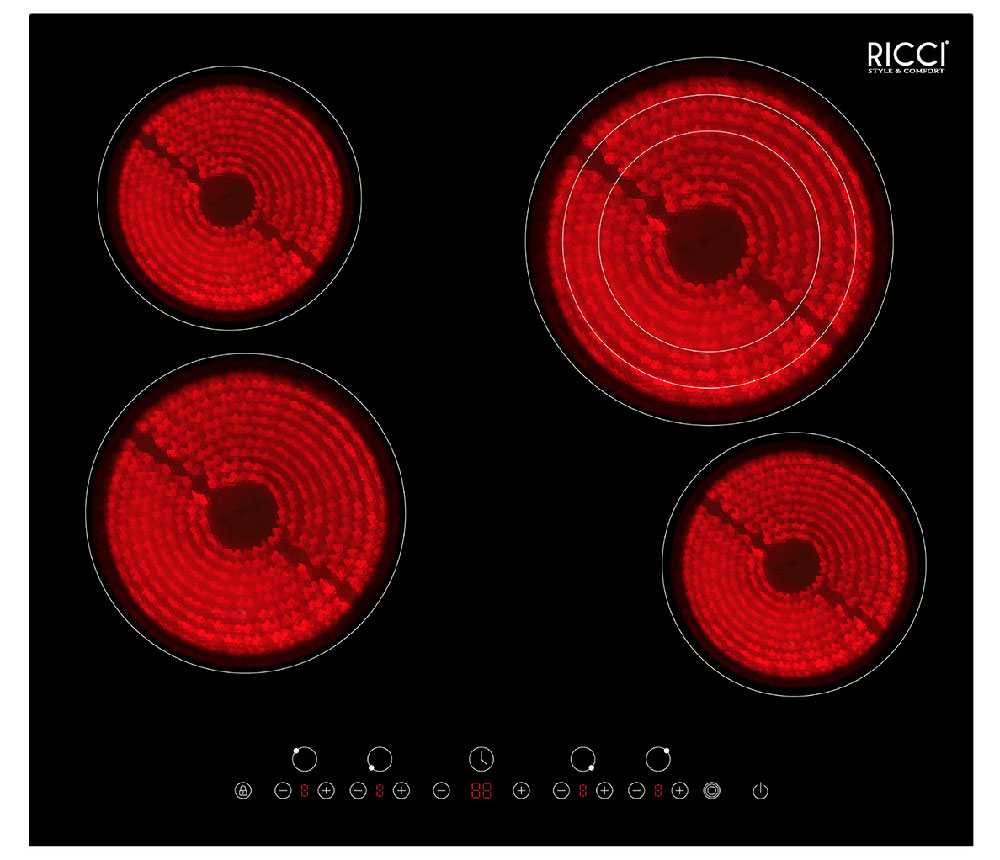 Ricci RCH-6502, Black варочная панель72 RCH-6502 Ricci RCH-6502, Black варочная панель72 RCH-6502Ricci RCH-6502 - стильная и надежная инфракрасная варочная поверхность с сенсорным управлением, тремя зонами нагрева и 9 уровнями мощности. Данная модель оснащена всеми современными функциями, такими как таймер, блокировка от детей, автоматическое отключение и защитой от перегрева. Дизайн панели отлично впишется в любую современную кухню.Мощность конфорок: 2 зоны 1200 Вт + 1 зона 800/1600/2300 Вт + 1 зона 1800 ВтДиаметр конфорок: 165 мм; 200 мм; 230 мм; 165 мм
