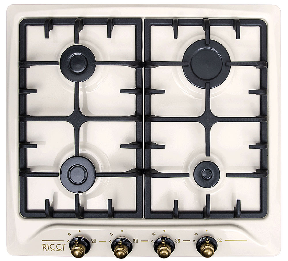 Ricci RGN-620BG, Beige варочная панель37 RGN-620BG Ricci RGN-620BG, Beige варочная панель37 RGN-620BGRicci RGN-620BG - надежная варочная панель с прочными металлическими решетками и эмалированной поверхностью. Она оснащена четырьмя удобными конфорками. Панель также имеет простое механическое управление с электроподжигом.Мощность конфорок: 1х1,75 кВт + 3х1 кВтМатериал ручек: латунь