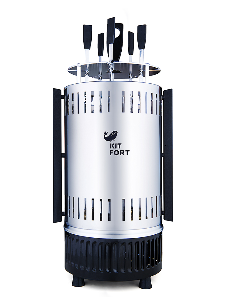 Kitfort KT-1405 электрошашлычницаKT-1405 Kitfort KT-1405 электрошашлычницаKT-1405Электрошашлычница Kitfort КТ-1405 — это новый шаг в приготовлении шашлыков в домашних условиях. Если у вас нет возможности выехать с друзьями на шашлыки за город, или же просто захотелось быстро приготовить вкусный ужин в домашних условиях, тогда вам поможет электрошашлычница. Какая бы ни была погода за окном, на вашем столе всегда будет ароматное и румяное мясо. В электрической шашлычнице можно приготовить шашлыки, не выходя из дома. Не забудьте позвать друзей и близких!Инфракрасный нагревательный элемент обеспечивает такой же нагрев, какой дают угли в обычном мангале, а шампуры автоматически вращаются, поэтому во время приготовления происходит чередование процесса нагрева и охлаждения, что создает в мясе постоянный поток тепла и внутренних соков, тем самым образуется изумительный вкус и мясо равномерно обжаривается со всех сторон. Вкус шашлыка в электрической шашлычнице получается даже лучше, чем при традиционном приготовлении.Отметим полезность блюд, приготовленных в электрошашлычнице. Многие слышали, что продукты, приготовленные в мангале, сложно отнести к полезным. Виной тому — тот самый дым, который хоть и придает мясу неповторимый привкус, но является вредным. Блюда, приготовленные в электрошашлычнице, лишены этого недостатка, пища получается здоровой, экологически чистой и готовится быстро.Благодаря вертикальной конструкции электрошашлычница очень компактна и не занимает много места. Под каждым шампуром расположена специальная тарелочка, куда стекает жир. После приготовления эти тарелочки можно снять и легко вымыть, слив жир. Кожух шашлычницы легко снимать и устанавливать. Шампуры из нержавеющей стали оснащены удобными ручками из ненагревающегося материала, поэтому их можно брать руками, не обжигаясь.Пять шампуров позволяют за один раз приготовить до 1,5 кг шашлыка.Электрошашлычница предназначена для приготовления шашлыка из мяса, рыбы или овощей, шавермы (шаурмы), сарделек, сосисок, картошки, курицы-гриль, гренок и других блюд.
