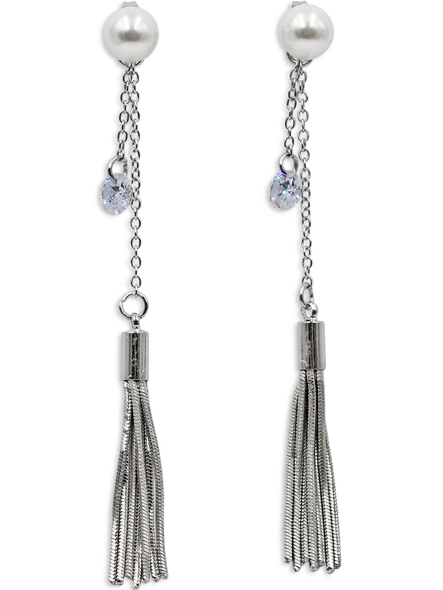 Серьги Taya, цвет: серебристый. T-B-1235339859|Пуссеты (гвоздики) Серьги Taya, цвет: серебристый. T-B-1235339859|Пуссеты (гвоздики)Стильные серьги с застежкой-гвоздик изготовлены из бижутерного сплава. Два украшения в одном: жемчужину на штифте можно носить отдельно, например, на работу или учебу. Вечером на штифт смело можно одеть цепь с кисточкой и кристаллом.