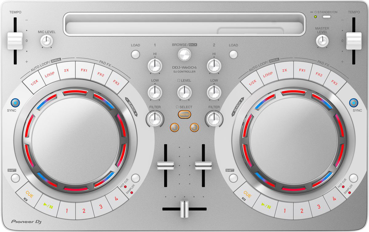 Pioneer DDJ-WEGO4-W DJ контроллер для начинающих397983 Pioneer DDJ-WEGO4-W DJ контроллер для начинающих397983Не надо долго искать, с чего начать! Pioneer DDJ-WEGO4-W - как раз то, что нужно начинающему диджею, чтобы сделать первые шаги. С помощью этого почти невесомого контроллера можно микшировать треки из фонотеки iTunes твоего iPad, или работать с музыкой, хранящейся на ноутбуке.В модели есть всё для того, чтобы научиться сводить профессионально: кнопки play/cue, регуляторы эквалайзера, ползунковые регуляторы темпа, кроссфейдер и джог для скретча. Унаследованные от профессионального оборудования семплер, Hot Cues и эффекты Pad FX добавят твоим выступлениям еще больше творческого разнообразия. Подключить DDJ-WeGO4 очень просто, просто подсоедини поставляемый в комплекте кабель USB или Lightning-кабель, и готово. iPad надежно фиксируется в слоте на контроллере под углом, удобным для обзора.Использование встроенного динамика компьютера как мастер выхода и подключение наушников к контроллеру.Переключение между 3-полосным эквалайзером, 2-полосным эквалайзером и режимом фильтра в Rekordbox DJ или WeDj для прозрачных и сбалансированных звуков.В комплекте с Pioneer DDJ-WEGO4-W поставляется лицензионный ключ для профессиональной DJ-программы rekordbox dj, которая работает на платформах Mac и Windows. Можно подключить контроллер к ноутбуку и начать играть сразу после покупки!Характеристики:Частотный диапазон: 20 - 20000 ГцЧастота дискретизации: 48 кГцА/Ц преобразователь: 24 битЦ/А преобразователь: 24 битЗвуковые искажения: 0,006%Эффекты/Семплер: сэмплер: 4 на каждую декуДиаметр джога: 109 ммКоличество Hot Cue: 8Петли: Autoloop / Manual loop