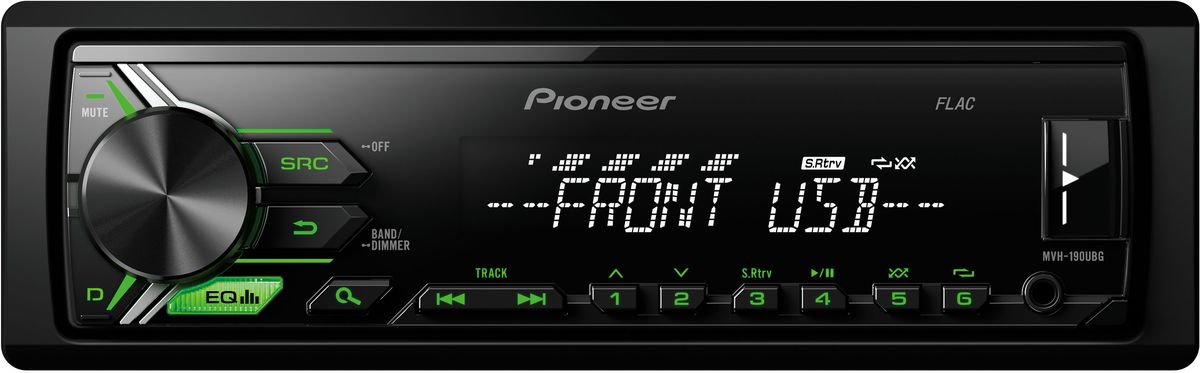 Pioneer MVH-190UBG автомагнитола1025107 Pioneer MVH-190UBG автомагнитола1025107Модель Pioneer MVH-190UBG создана специально для цифровой музыки и современных носителей информации. К ней можно подключить смартфон на Android, а также другие устройства через USB порт или дополнительный Aux-вход на фронтальной панели. При этом вы можете одновременно слушать любимую музыку и заряжать аккумулятор телефона. Вы также можете настроится на одну из 24 предустановленных FM радиостанций, чтобы получать ещё больше музыкального контента.Встроенный усилитель MOSFET с выходной мощностью 4 х 50 Вт позволяет воспроизводить музыку в высоком качестве. Для того, чтобы увеличить мощность, можно воспользоваться RCA выходом на тыловой панели устройства для подключения дополнительного сабвуфера или усилителя.Эта модель имеет короткое шасси ( корпус на 41% короче обычного), что существенно упрощает ее установку в автомобиле.