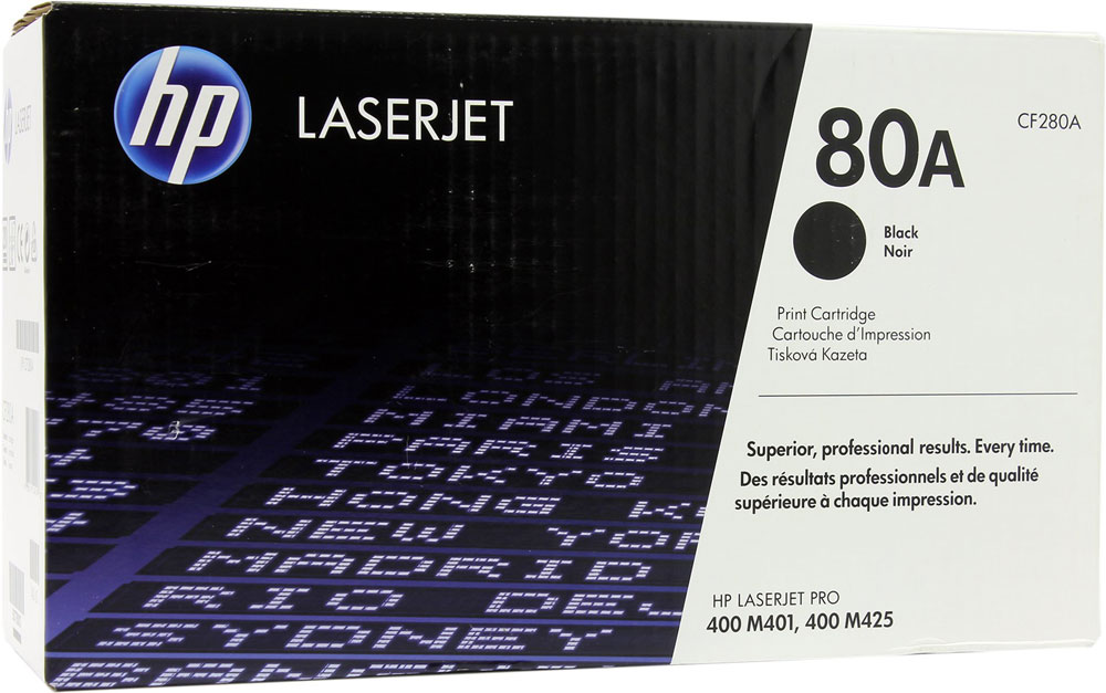 HP CF280A (80A), Black тонер-картридж для LaserJet Pro 400 M401/Pro 400 MFP M425CF280A HP CF280A (80A), Black тонер-картридж для LaserJet Pro 400 M401/Pro 400 MFP M425CF280AЧерный картридж HP CF280A (80A) с тонером разрешает получить четкий черный текст, что придает документам профессиональный вид. Вы сможете повысить производительность и снизить эксплуатационные затраты. Эти надежные картриджи специально разработаны для использования с вашим принтером HP LaserJet или МФУ.