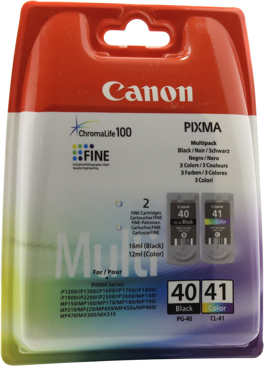 Canon PG-40/CL-41 комплект картриджей для Pixma MP450/MP170/MP150/iP2200/iP16000615B043 Canon PG-40/CL-41 комплект картриджей для Pixma MP450/MP170/MP150/iP2200/iP16000615B043Комплект картриджей Canon PG-40/CL-41 содержит черные, голубые, желтые и пурпурные чернила на основе красителей, которые используются для печати документов на обычной бумаге и обеспечивают четкость текста и долговечность печатных изображений.
