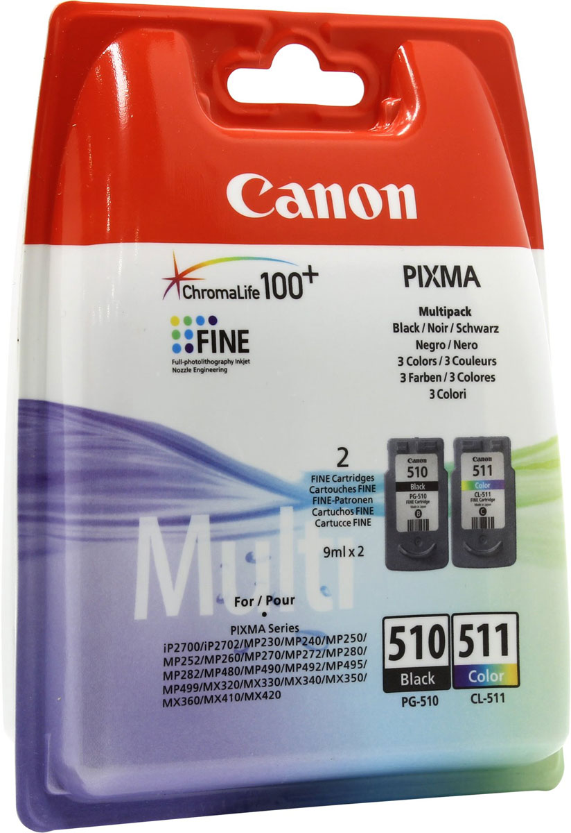 Canon PG-510/CL-511 комплект картриджей для PIXMA MP240/MP260/MP480, MX320/MX330, 2 шт2970B010 Canon PG-510/CL-511 комплект картриджей для PIXMA MP240/MP260/MP480, MX320/MX330, 2 шт2970B010Комплект оригинальных картриджей Canon PG-510/CL-511 с оригинальными чернилами гарантирует профессиональный вид печатаемых документов и высокую производительность. Надежная печать без проблем. Точная цветопередача и быстрое высыхание. Для получения красивых и долговечных отпечатков сделайте выбор в пользу чернил Canon.